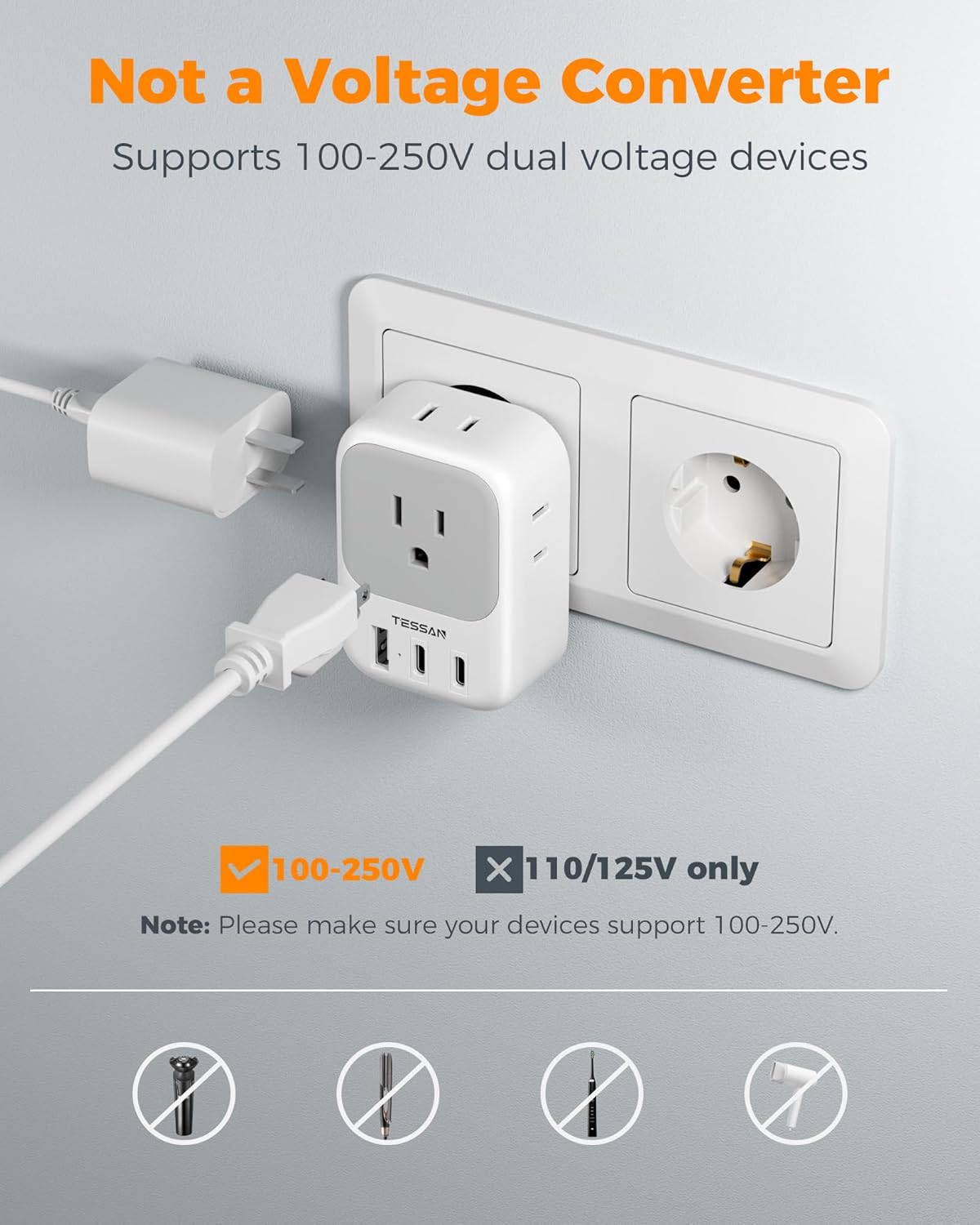 TESSAN European Travel Plug Adapter, US to Europe Plug Adapter with 2 USB C 1 USB A Port and 4 AC Outlets, Type C Plug Adaptor for EU Italy Spain France Portugal Iceland Greece Germany Turkey Denmark