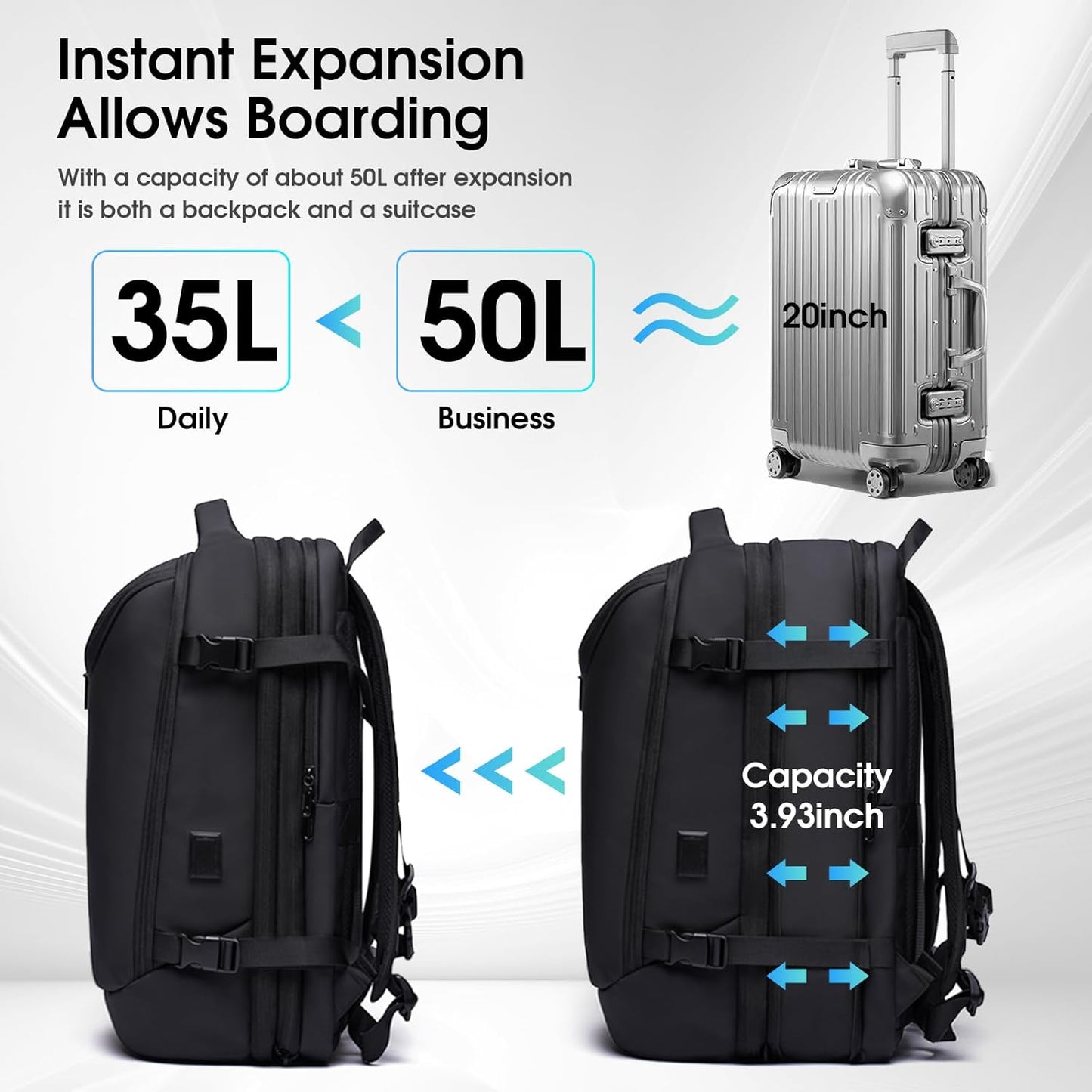Vacuum Backpack for Men, 50L Expandable Travel Backpack With Vacuum Seal System, Water Resistant 17.3 Inches Laptop Backpack with USB Charging Port- Vaccum Pump Included