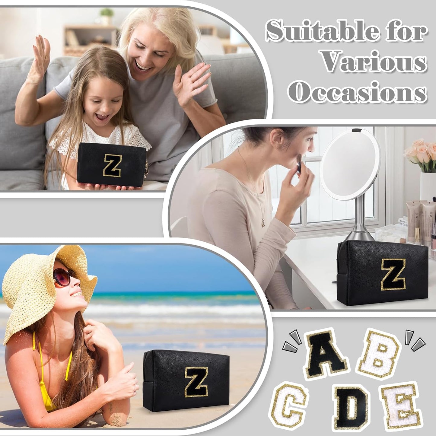 Personalized Initial A-Z Preppy Patch Makeup Bag,Small PU Chenille Letter Cosmetic Bag with Zipper for Teen Girls,Black Cute Toiletry Organizer Bag,Monogram Makeup Case Gift for Women Girls,Letter Z