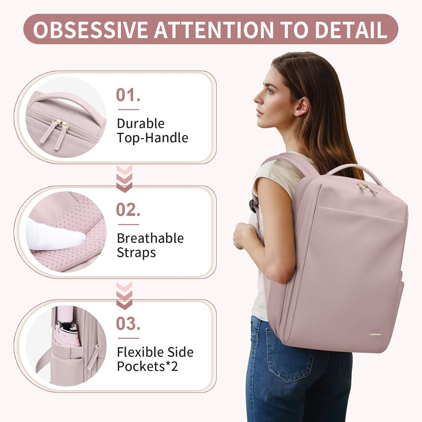 Laptop Backpack for Women, Professional Adult Office Commuter Womens Computer Backpack Travel Carry on Personal Item Bag For Airlines, Work, College, Travel, 17.3Inch, Pink