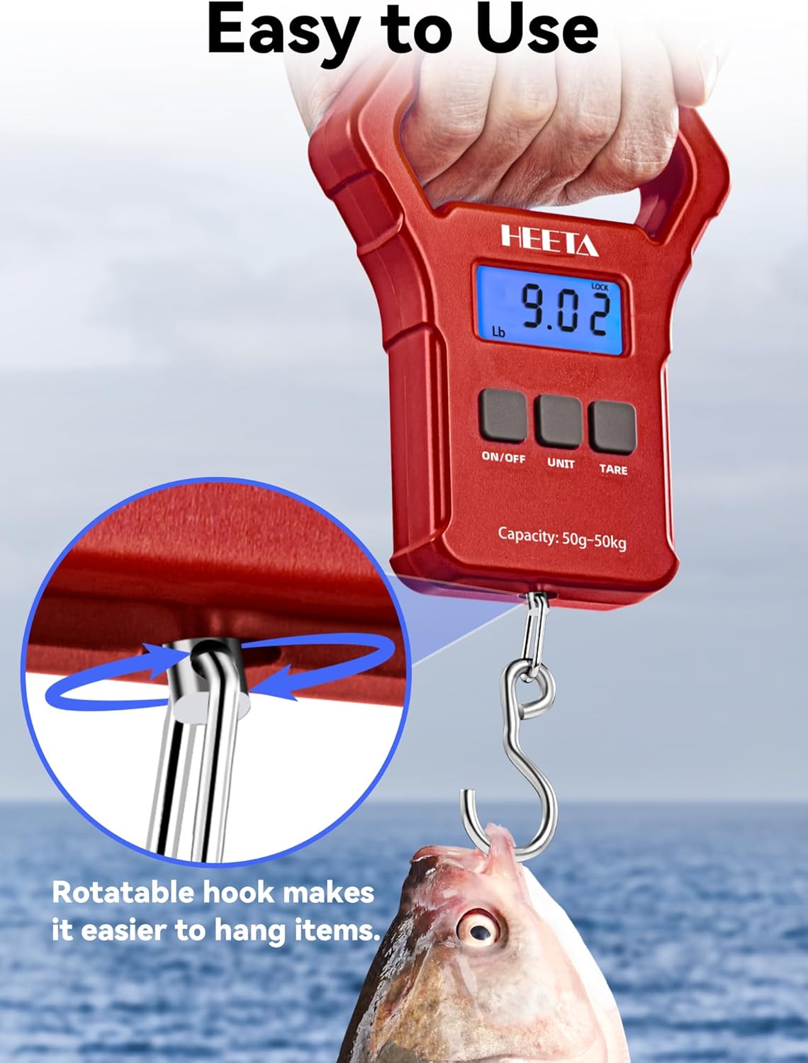 HEETA Fish Scale, 110lb/50kg Digital Portable Hanging Fishing Weight Scale with Backlit LCD Display, Luggage Scale with Hook, Non-Slip Large ABS Handle & 2 AAA Batteries, Fishing Gifts Gear for Men