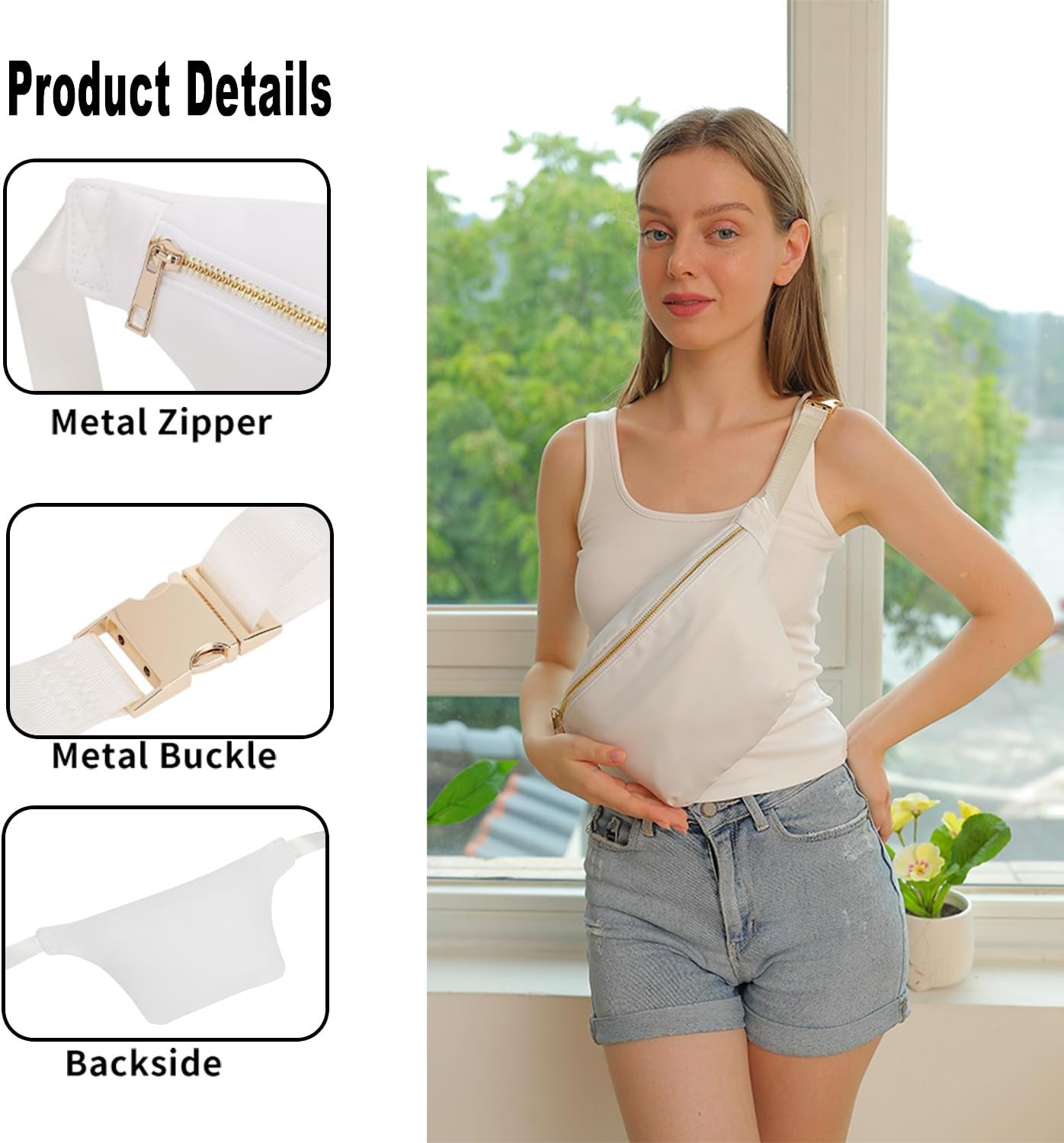 Fanny Pack Travel Waist Belt Nylon Crossbody Bag for Women (White)