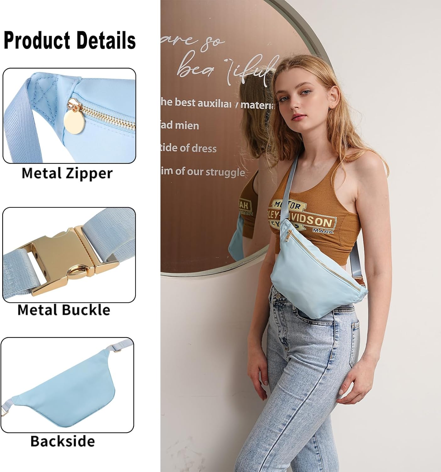 Belt Bag Crossbody Stadium Concert Bag for Women Water-Resistant Nylon Waist Pack (Light Blue)