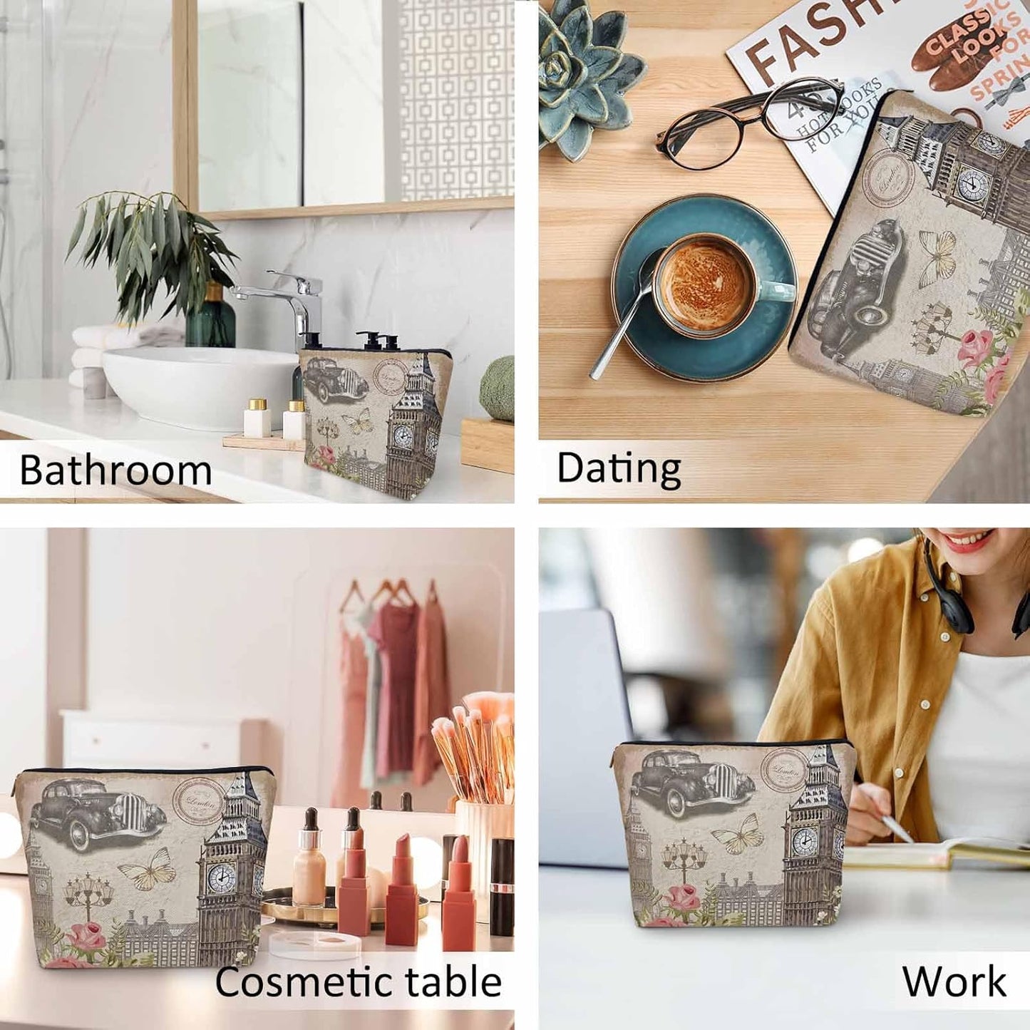 London Cosmetic Bags For Women, Vintage London Retro Car Big Ben Rose Roomy Makeup Bag Toiletry Bag Accessories Organizer Storage Bags Makeup Pouch For Travel Business Gym Camping Bathroom
