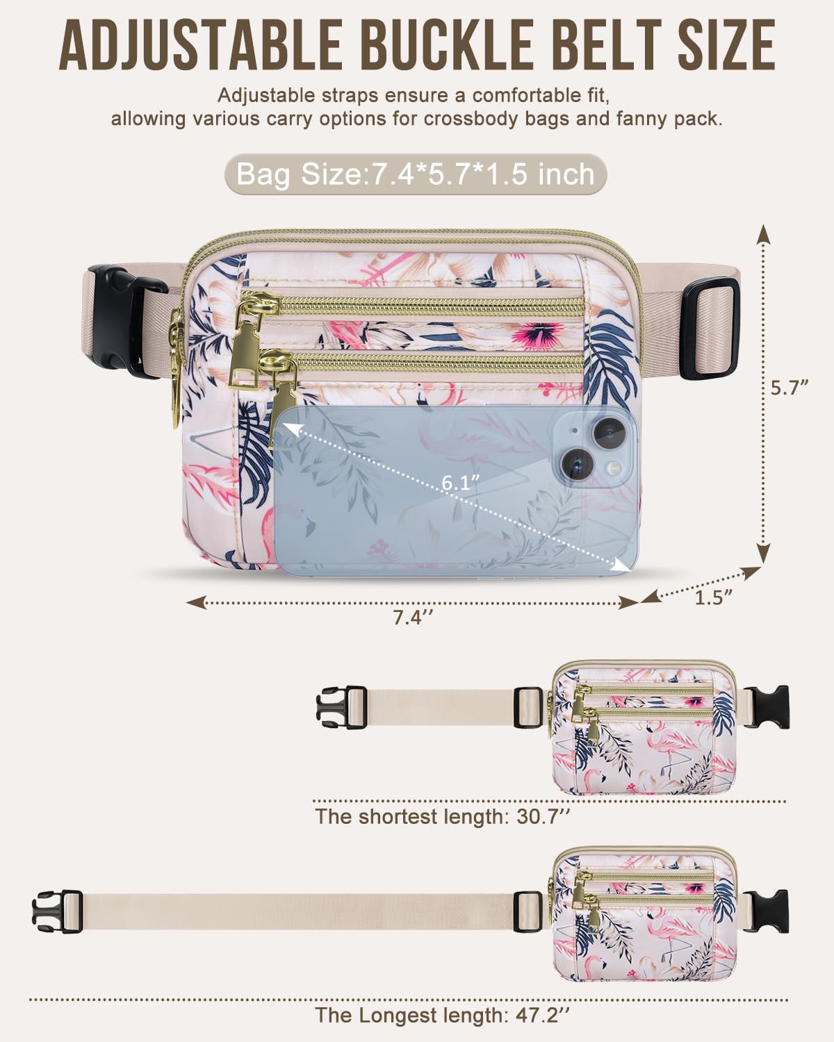 Capolo Fanny Packs for Women Fashion Waist Packs Bag with Adjustable Strap and 4 Zipper Pockets Waterproof Everywhere Crossbody Belt Bag for Workout Running Travelling(Flamingo)