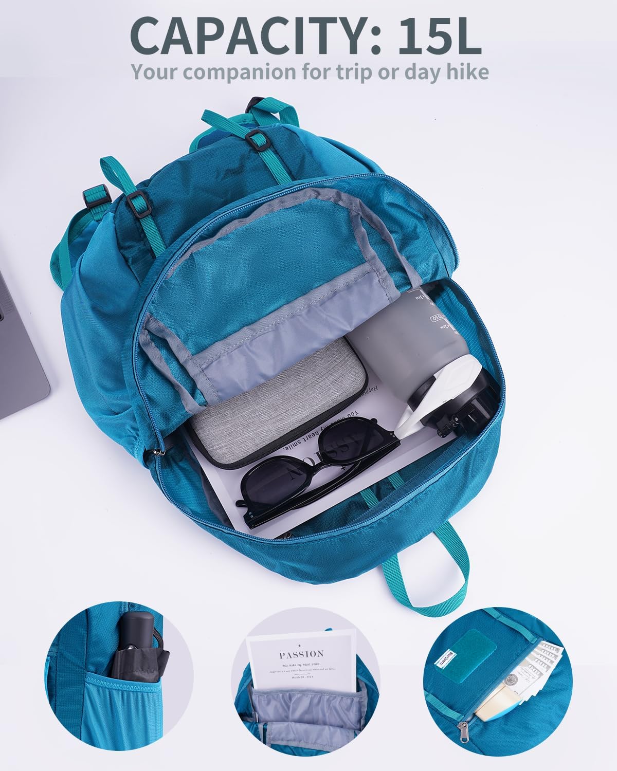 Blue Quartz 15L Hiking Backpack with Soft Flask, Ultralight Hiking Daypack with Chest Pockets for Women Men, Lightweight Foldable Packable BackPack With Chest Strap (patent pending)