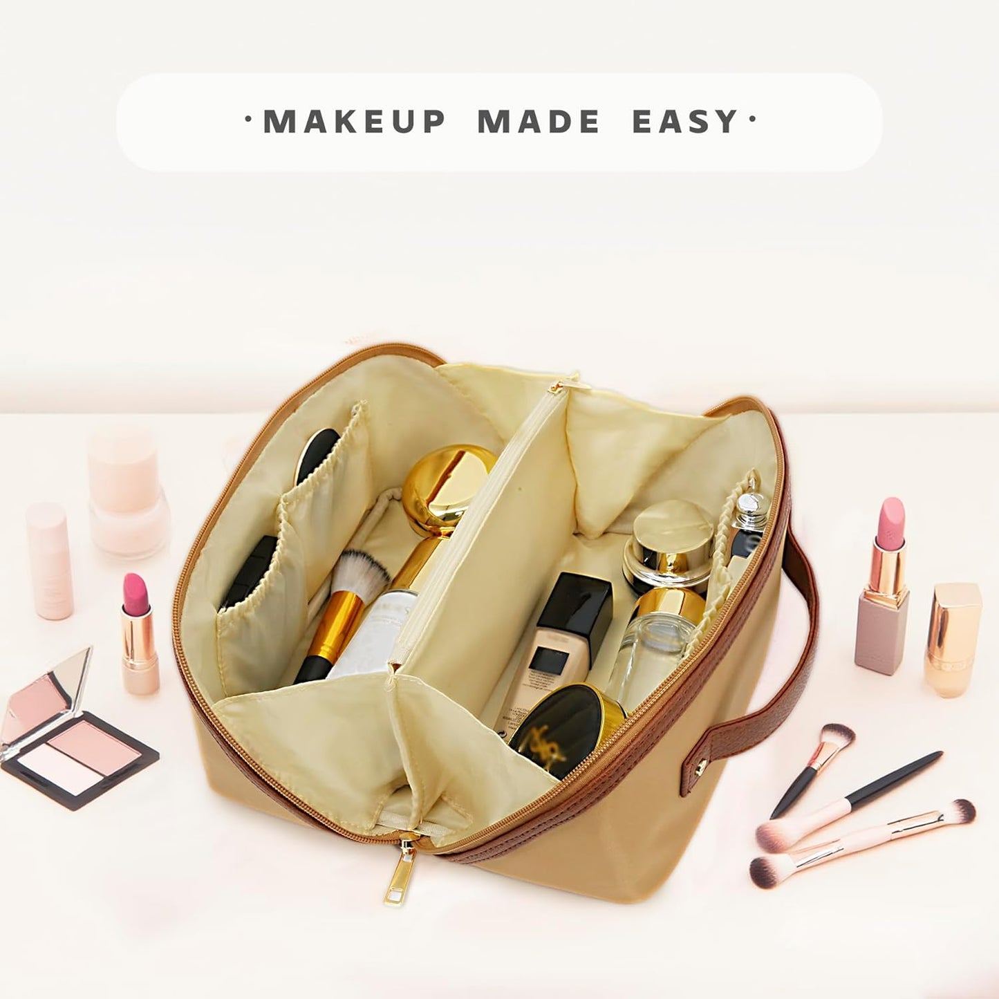 Travel Makeup Bag – Large Cosmetic Organizer with Waterproof Nylon, Smooth Double Zipper & Tear-Resistant Lining, Toiletry Pouch for Women (Khaki)