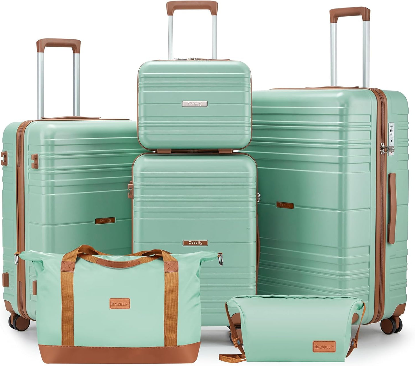 Luggage Sets 6 Piece with Spinner Wheels, Lightweight Hardshell Suitcase Set with TSA Lock, Carry On Checked Luggage with Travel Bag & Toiletry Bag (Green, 6 piece sets(14/20/24/28/DB/TB))