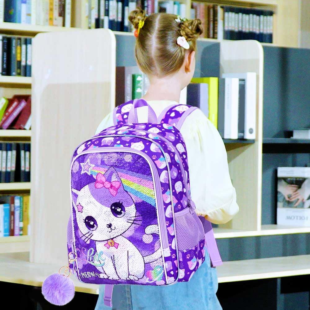 3PCS Girls Backpack, 16" Sequin Prechool Elementary Bookbag and Lunch Box