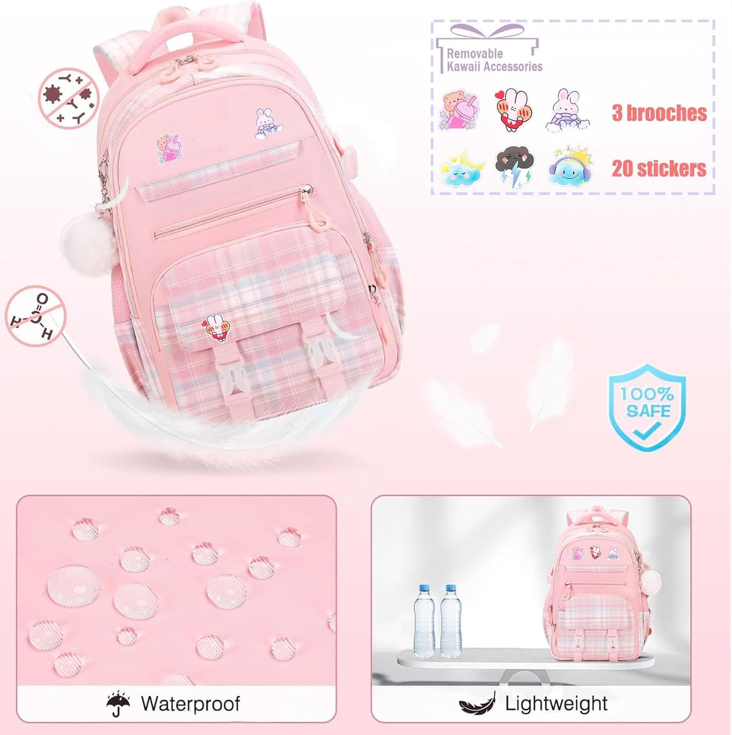 Cute Girls Backpack, 3PCS Cute Kids School Bag, 16.8 Inch Kindergarten Primary Backpack with Lunch Box Pencil Case Set(Pink)