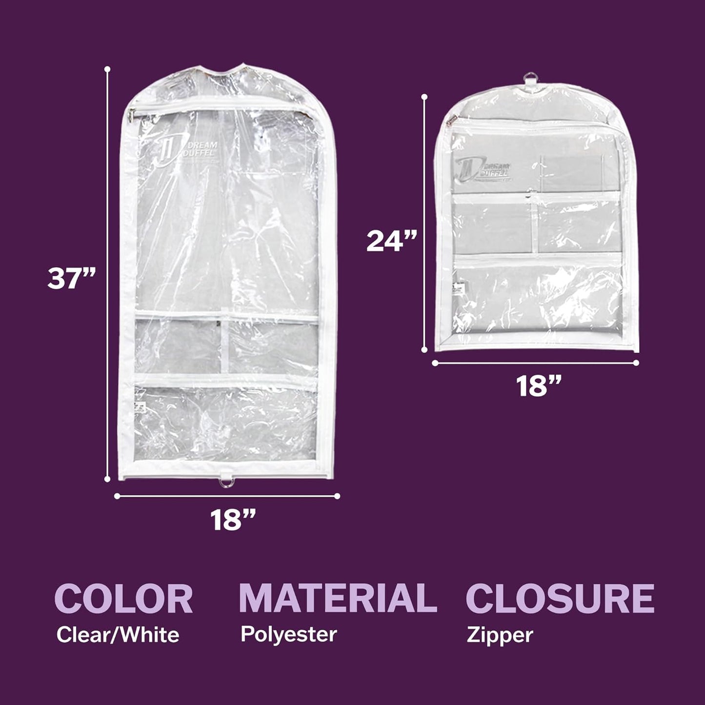 Clear Garment Bags for Dance Costumes 3-Pack, Regular-Size, Side Zipper Entry, Storage Pockets for