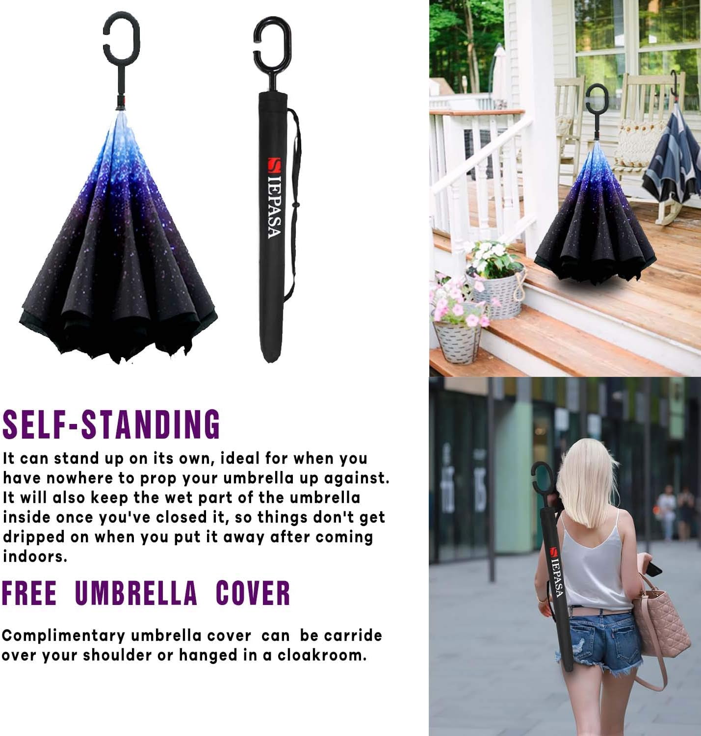 SIEPASA 49/56 Inch Inverted Reverse Upside Down Umbrella, Extra Large Double Canopy Vented