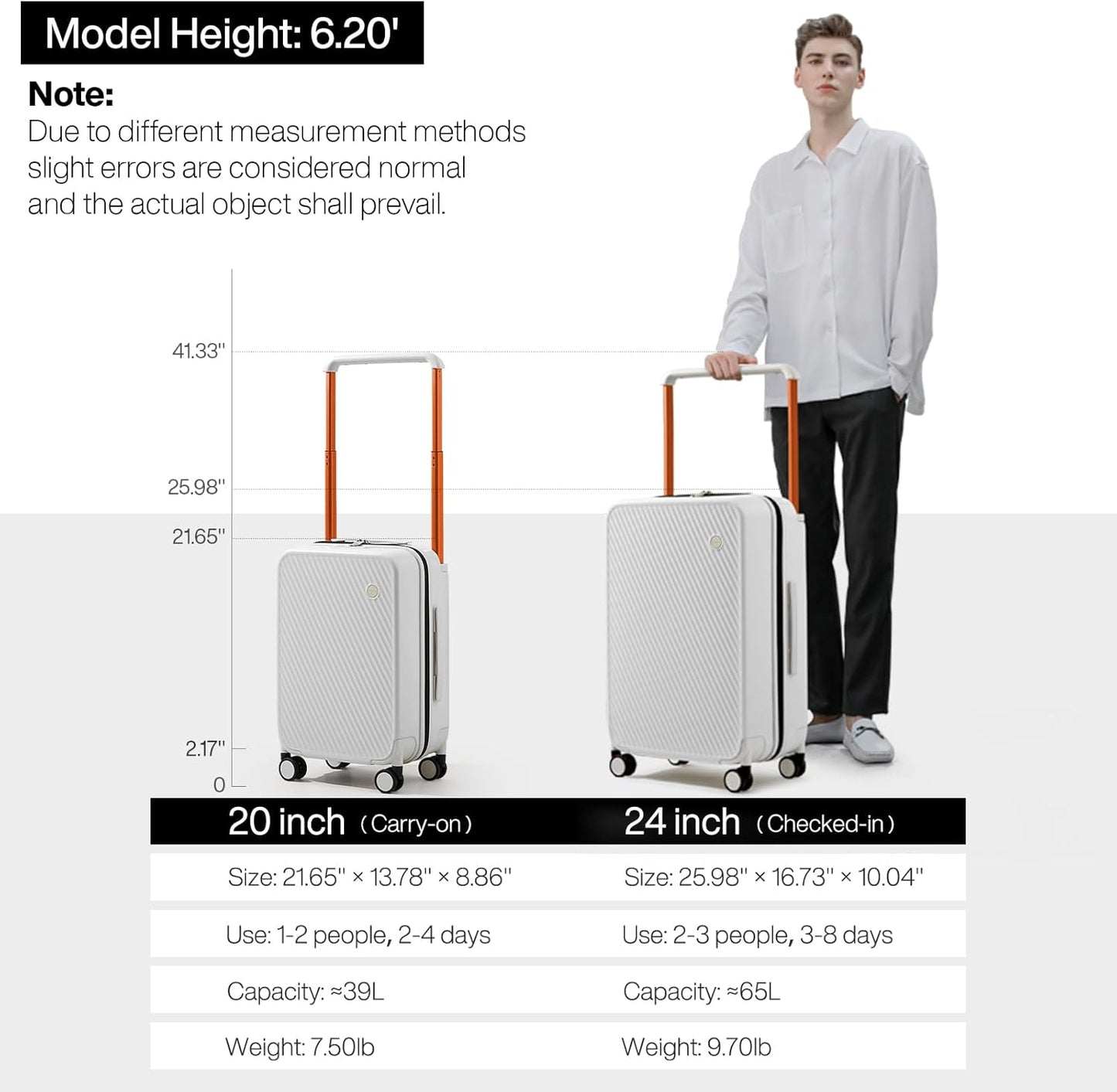mixi Carry On Luggage Airline Approved 20'' Lightweight Luggage Wide Handle PC Hardshell Suitcases with Spinner Wheels & TSA Lock, Smoke White
