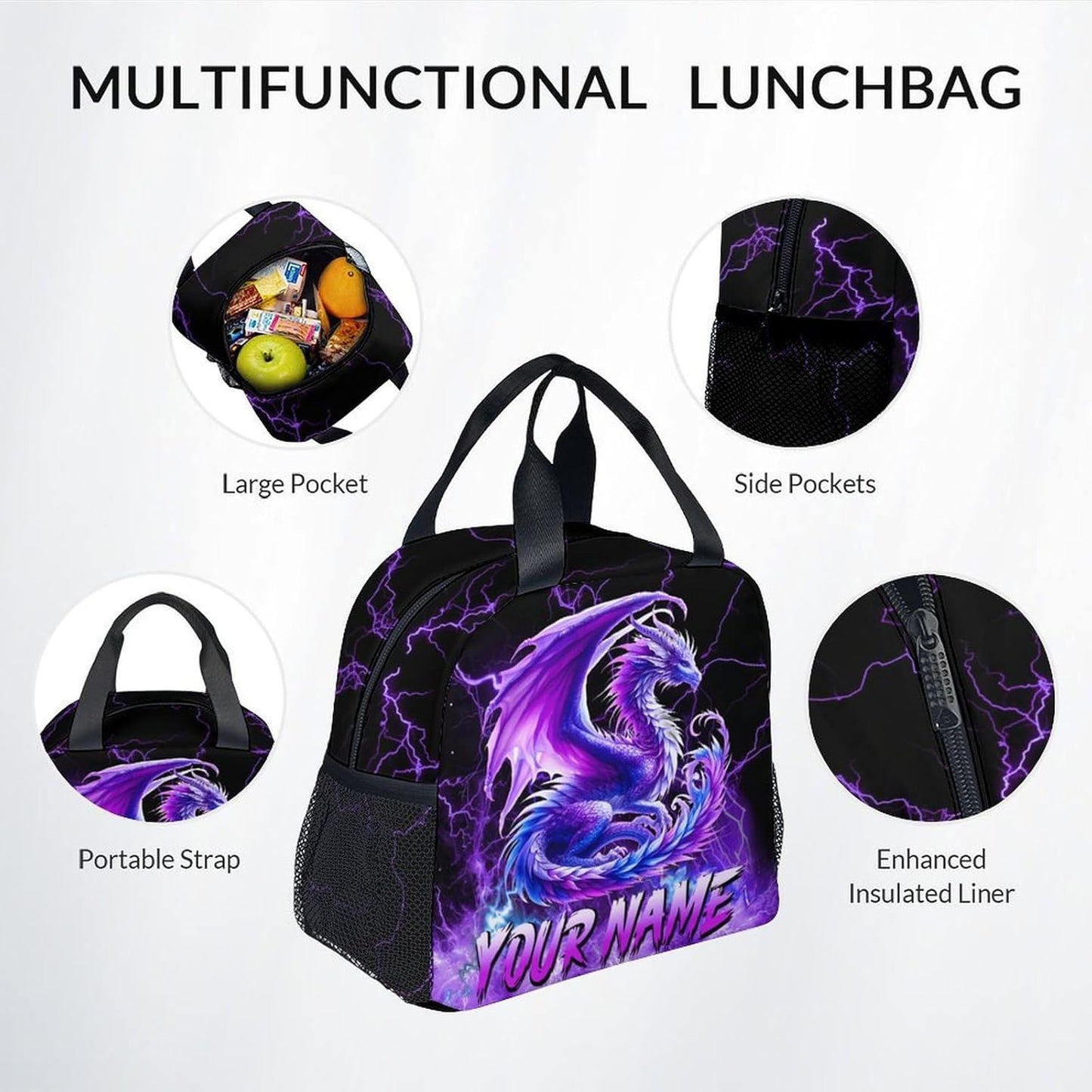 Personalized Kids Backpack with Lunch Box, Dragon Backpack for Girls Boys, 17 Inch Custom School Bag Set for Primary, Large Capacity School Supplies