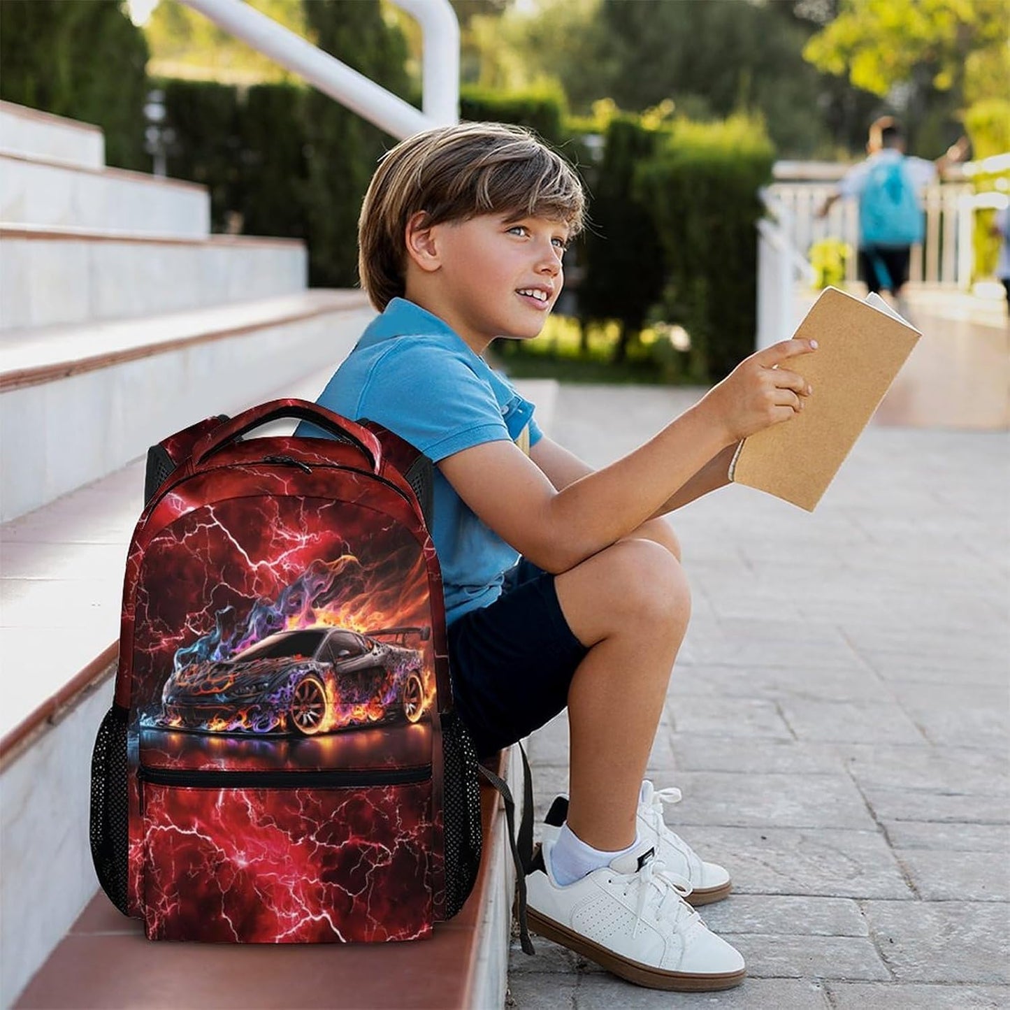 Boys Backpack, Kids Bookbag for Teens, Colorful 17 Inch Cool Race Car Backpack, Durable Schoolbag for Middle School Travel Camping Vacation