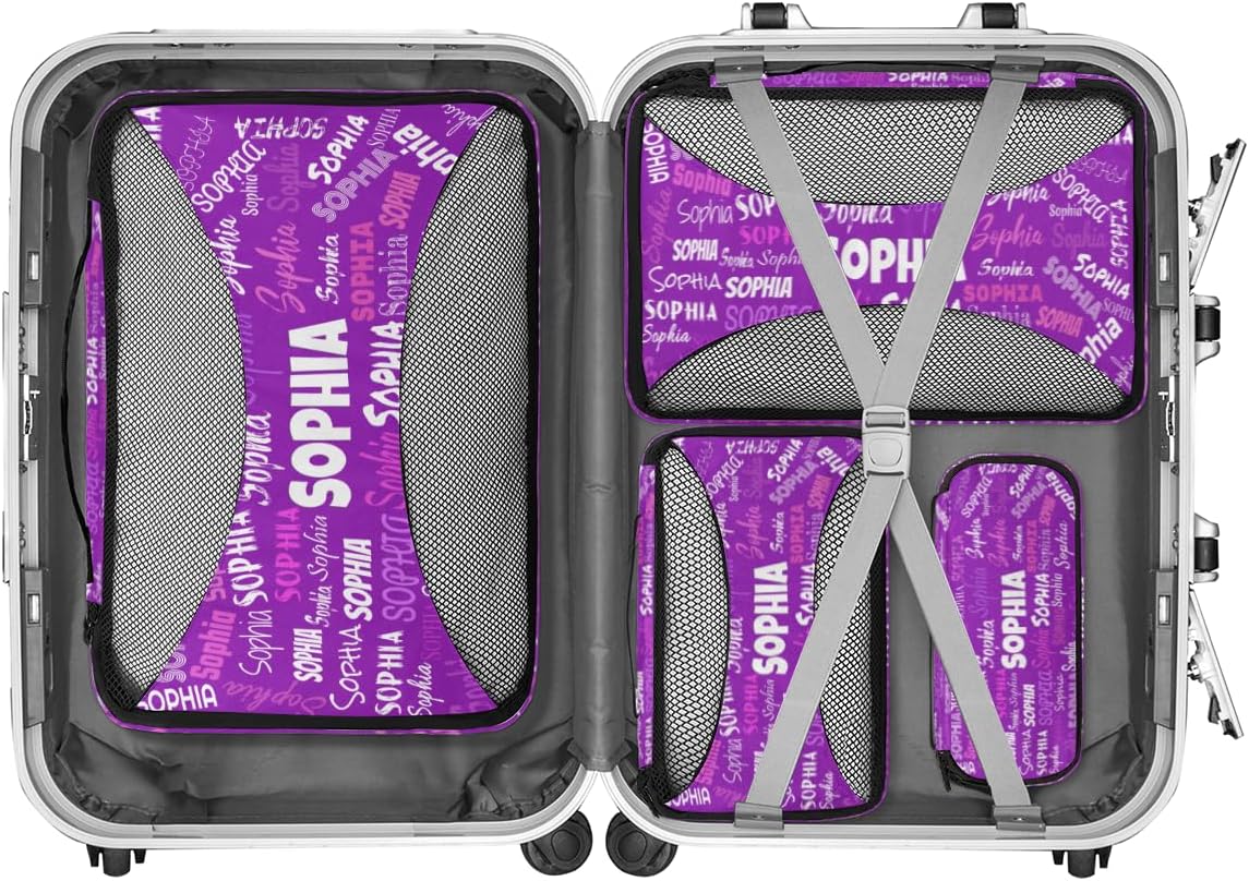 Personalized Compression Packing Cubes with Name, Dark Violet Purple 4 Set Mesh Travel Organizer