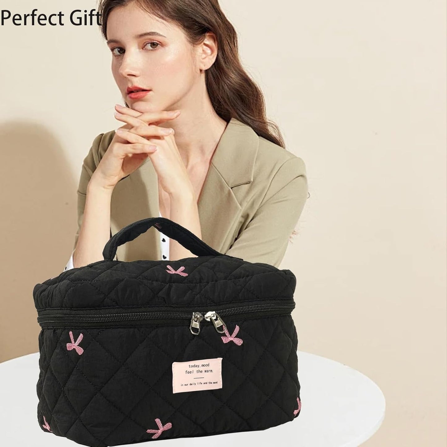 Quilted Makeup Bag, Large Makeup Bag, Cute Cosmetic Bag for Women Girls, Floral Coquette Aesthetic Travel Toiletry Make Up Organizer Bag-Black