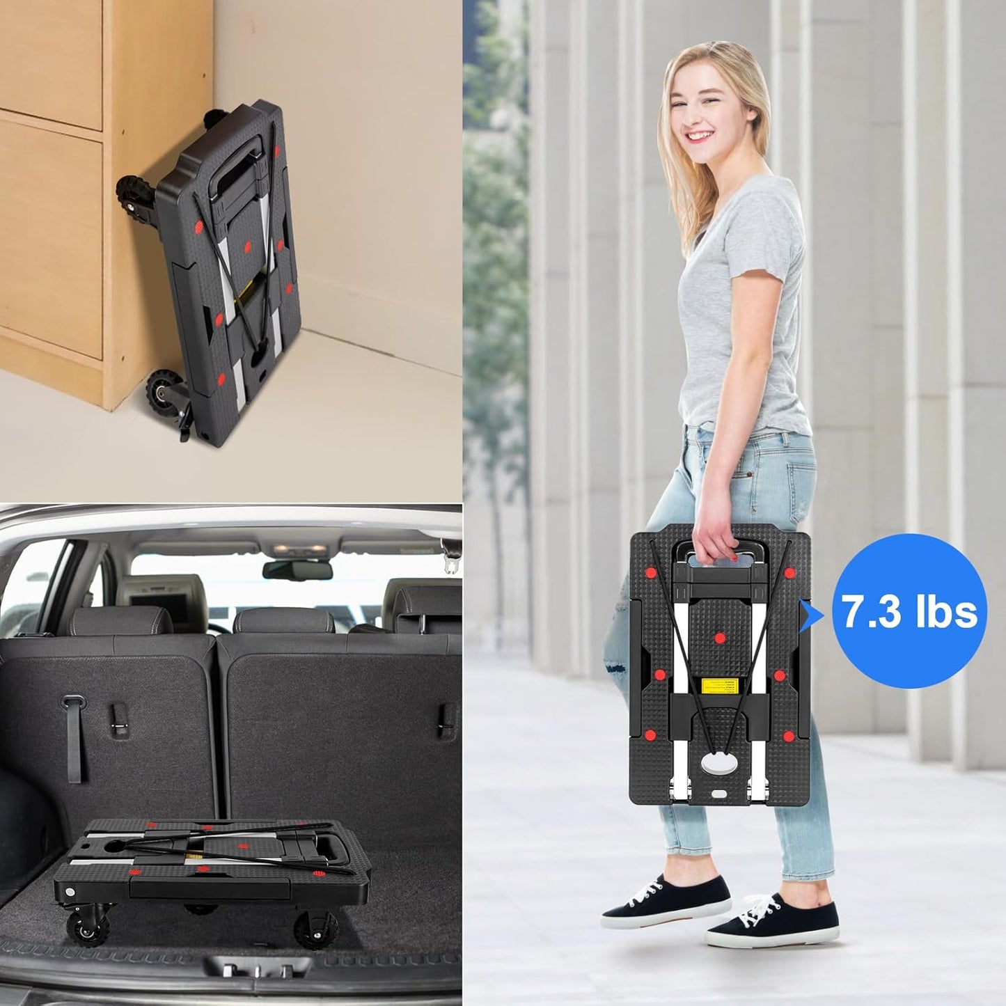 Folding Hand Truck, 330 Lbs Foldable Hand Truck Dolly Cart Heavy Duty Collapsible Trolley Portable Platform Luggage Cart with 5 Wheels & 2 Elastic Ropes for Moving Travel Home Office