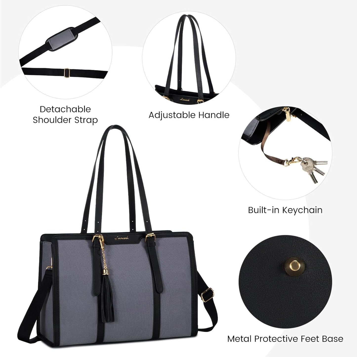 LOVEVOOK Laptop Bag for Women - 15.6 inch Lightweight Canvas Laptop Tote, Large Capacity Computer Bag with Clutch Purse for Business, Work, Travel, School (Iron Blue Grey & Black, 15.6 Inch)