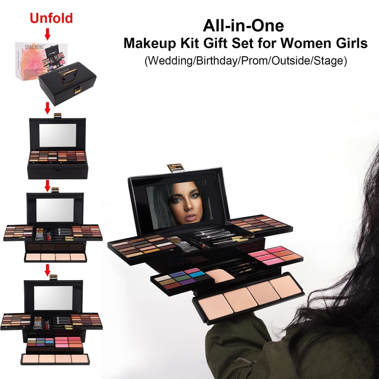 MISS ROSE M 58 Color Professional Makeup Kit for Women Full Kit, Include Eyeshadow Facial Blusher Eyebrow Powder Face Concealer Powder Eyeliner Pencil and a Mirror(331N)