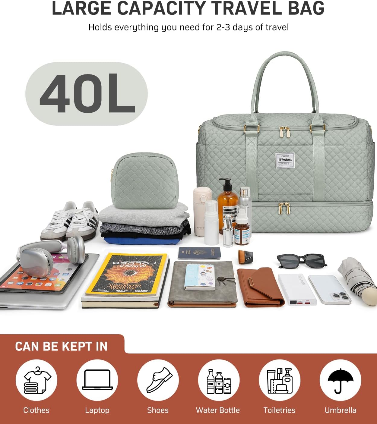 Travel Duffle Bag, Weekender Bags for Women with Shoe Compartment, Overnight Bag with Toiletry Bag, Carry On Duffel Bags For Airplanes, Yoga Gym Duffel Bag, Dark Green