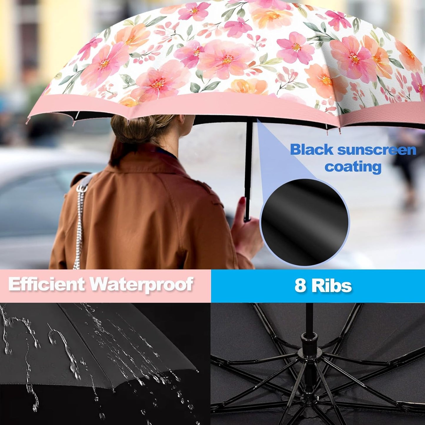 Small Travel Folding Umbrella for Girl, Portable, UV, SunShade, Compact, Automatic, Rain & Wind