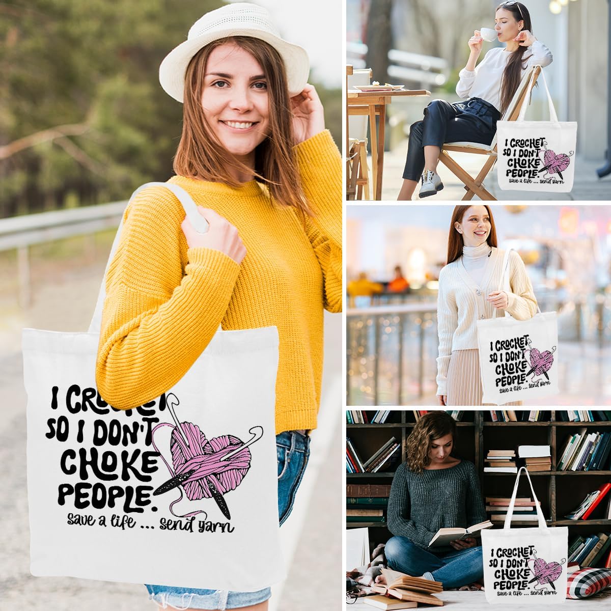 Crochet Knitting Humor Yarn Gifts Canvas Tote Bag, Reusable Grocery Shopping Bags for Crocheters Christmas