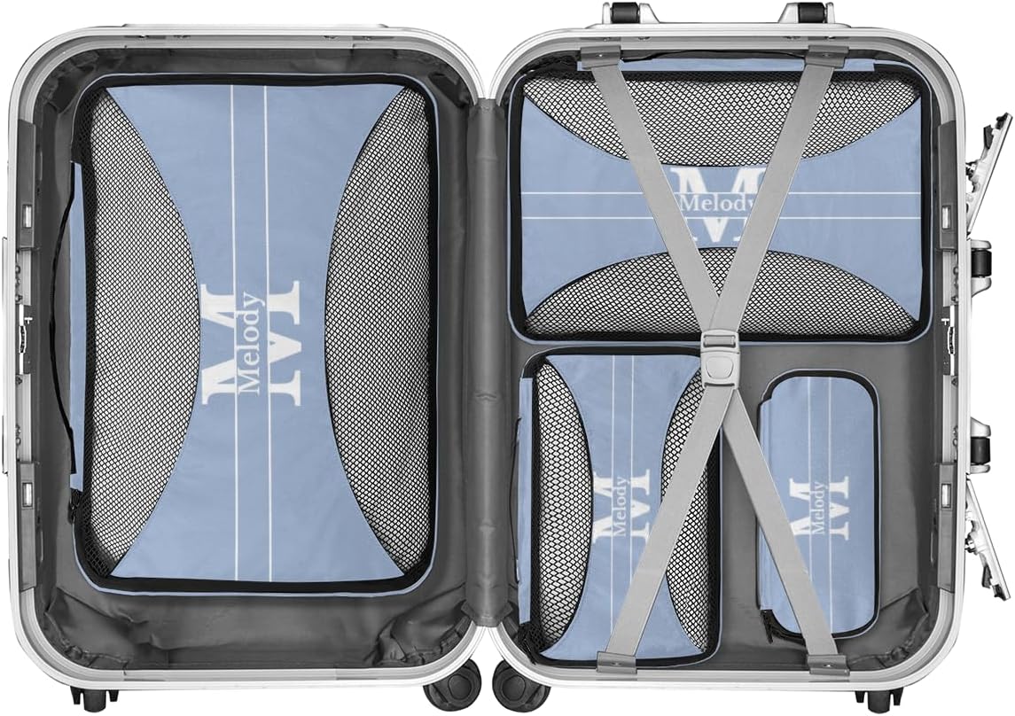 Custom Name Compression Packing Cubes Luggage Organizer Bags for Travel, Double Zipper Packing Cubes for Suitcases, Dark Sky Blue with Initial Letter