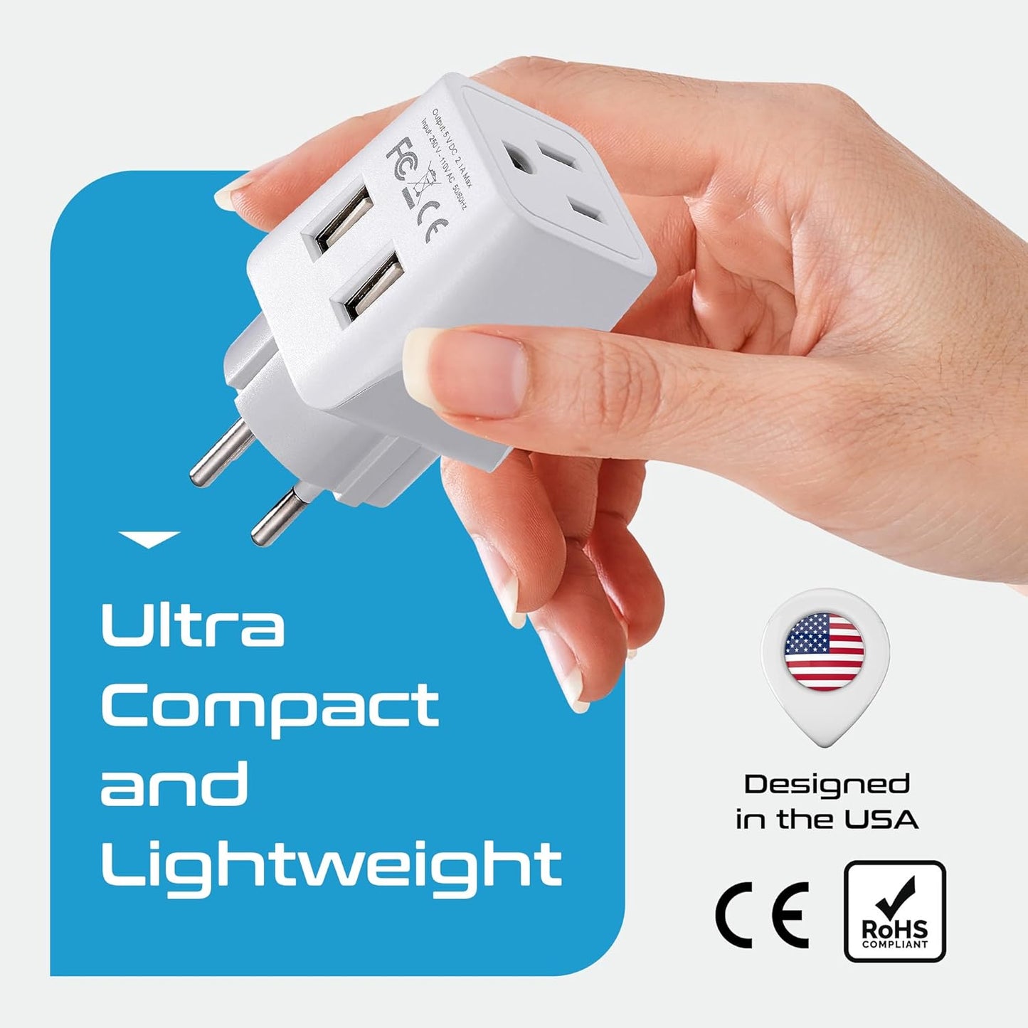 Ceptics Israel, Palestine Travel Adapter Plug with Dual USB - Usa Input - Type H - Ultra Compact - Perfect for Cell Phones, Laptop, Camera Chargers, iWatch, iPhone and More (CTU-14)