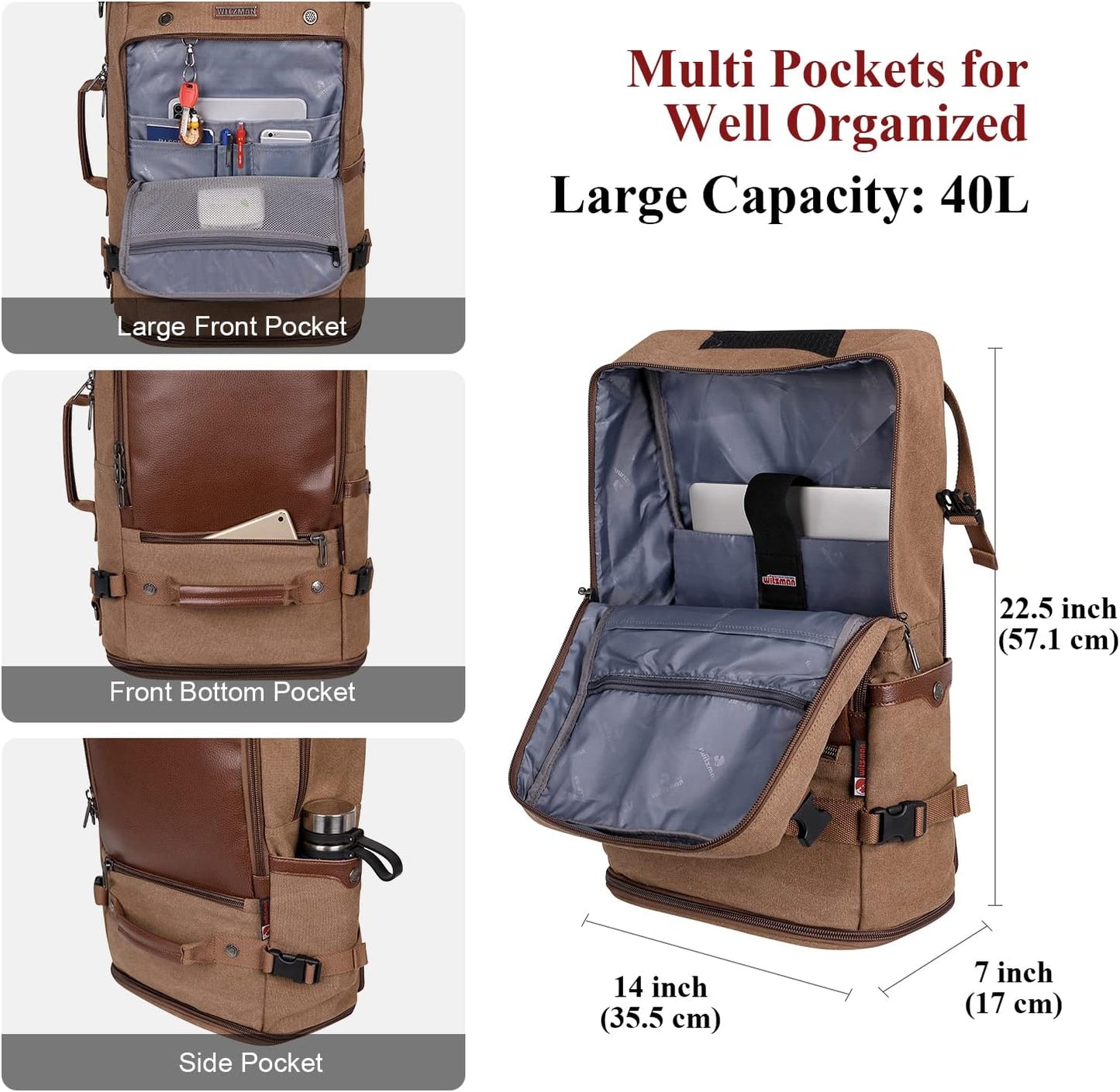 WITZMAN Travel Backpack for Men Women Carry on Luggage Backpack Canvas Rucksack Duffel bag with Shoe Compartment(A2021 big size brown)