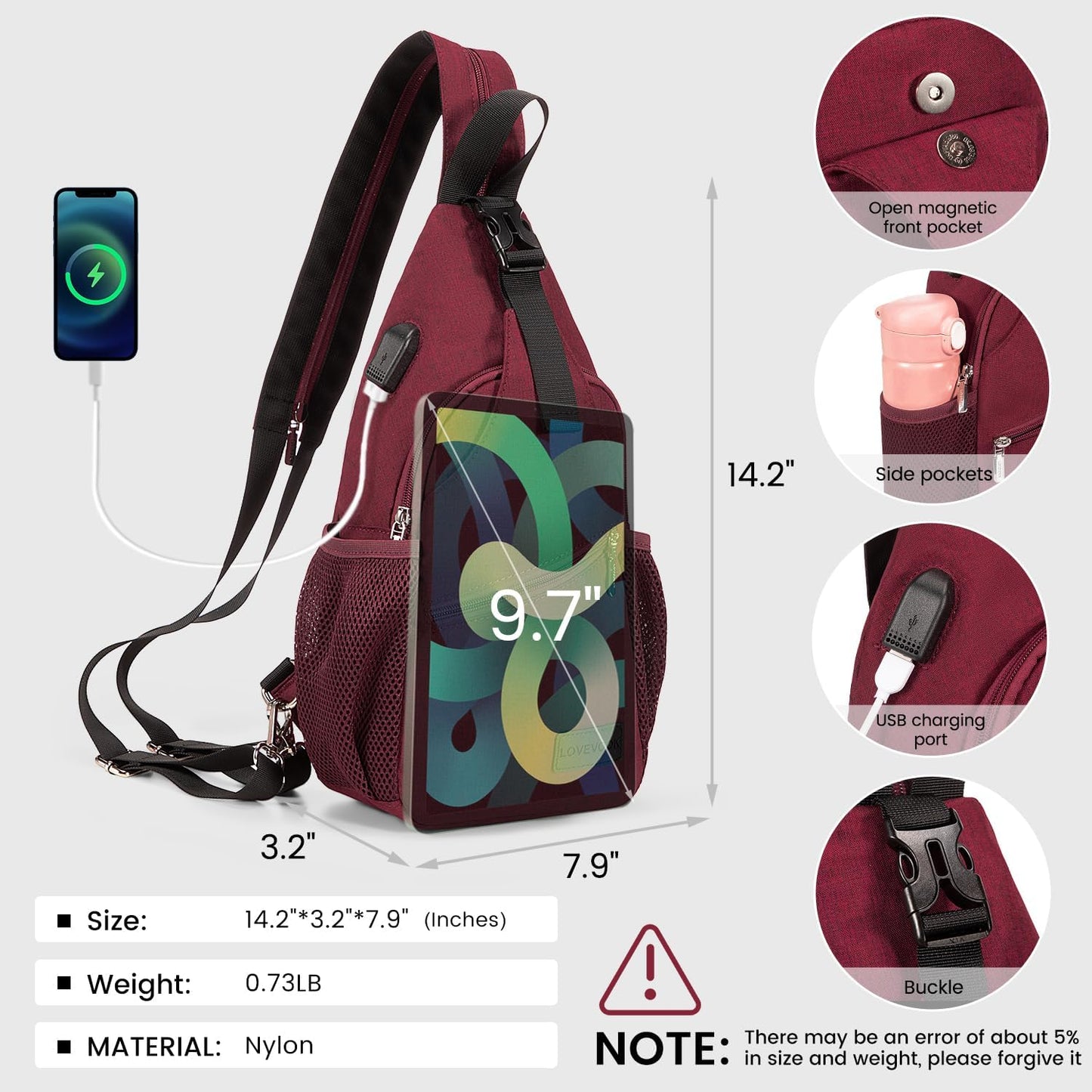 LOVEVOOK Sling Bag for Women Casual Daypack Nylon Crossbody Sling Backpack Travel Shoulder Bag Hiking Daypack