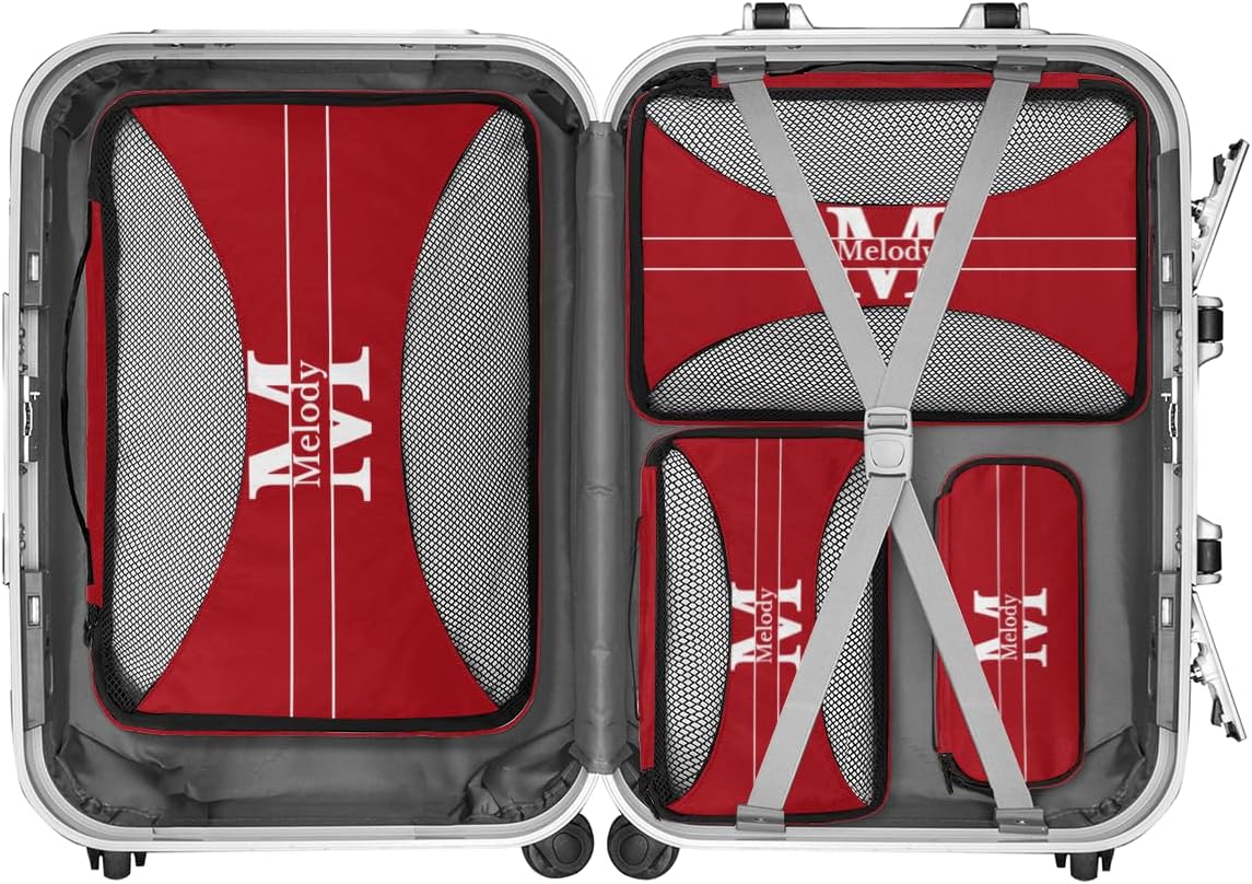 4pc Personalized Name Packing Cubes for Travel - Luggage Packing Organizers - Travel Packing Cubes for Suitcases, Solid Red Color with Initial Letter