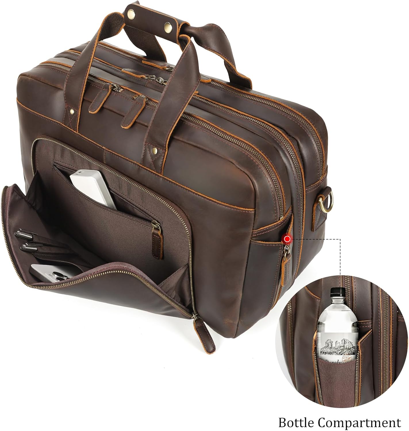 Polare 18" Full Grain Leather Luggage Airlines Personal Item Bag Business Carry On Suitcase Weekender Overnight Travel Duffel Bag for Men (Dark Brown-18.5")