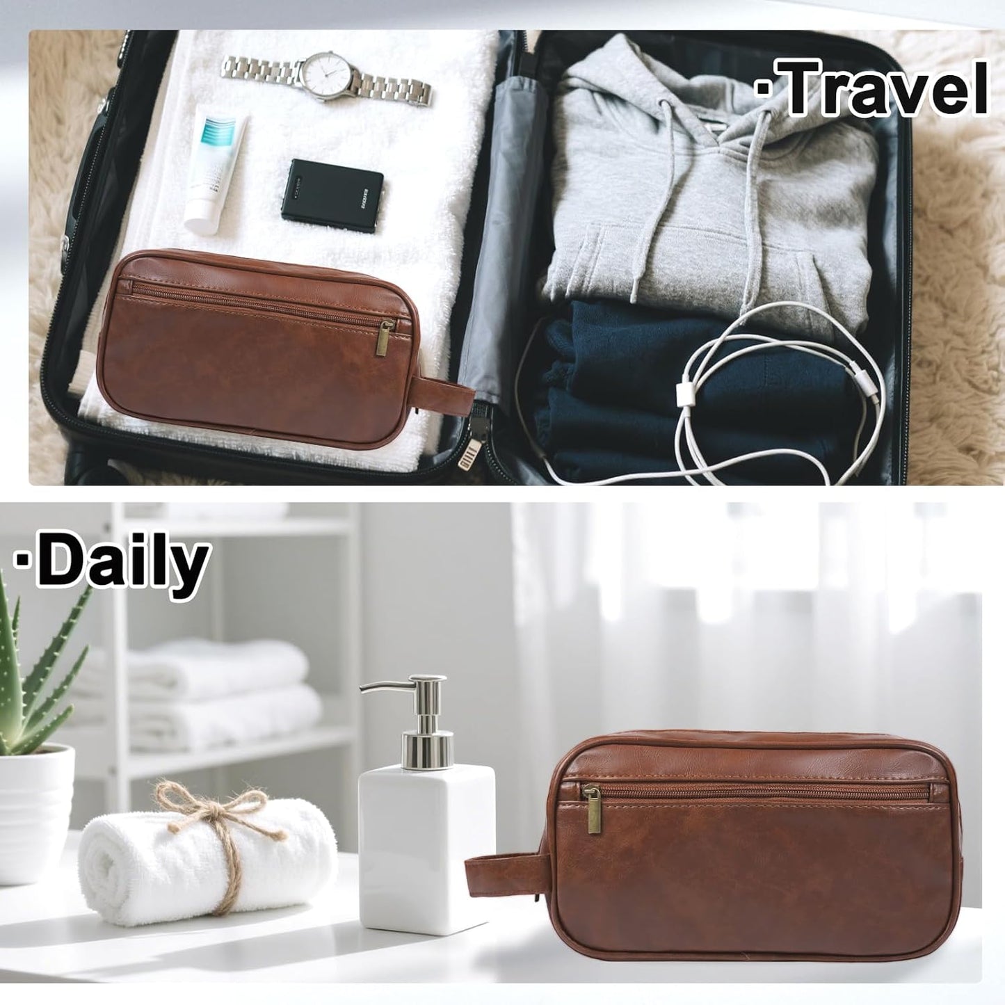 Mens travel toiletry bag, Gift For Men,PU Leather Water Resistant Cosmetic Bag Pouch Dopp Kit Shaving Bag with Large Capacity for Toiletries Accessories(Brown)