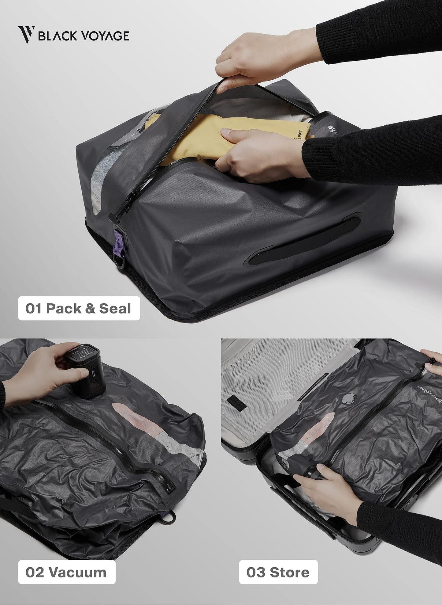 Black Voyage Reusable Vacuum Compression Travel Bag for Carry-On Suitcase and Backpack, Recycled
