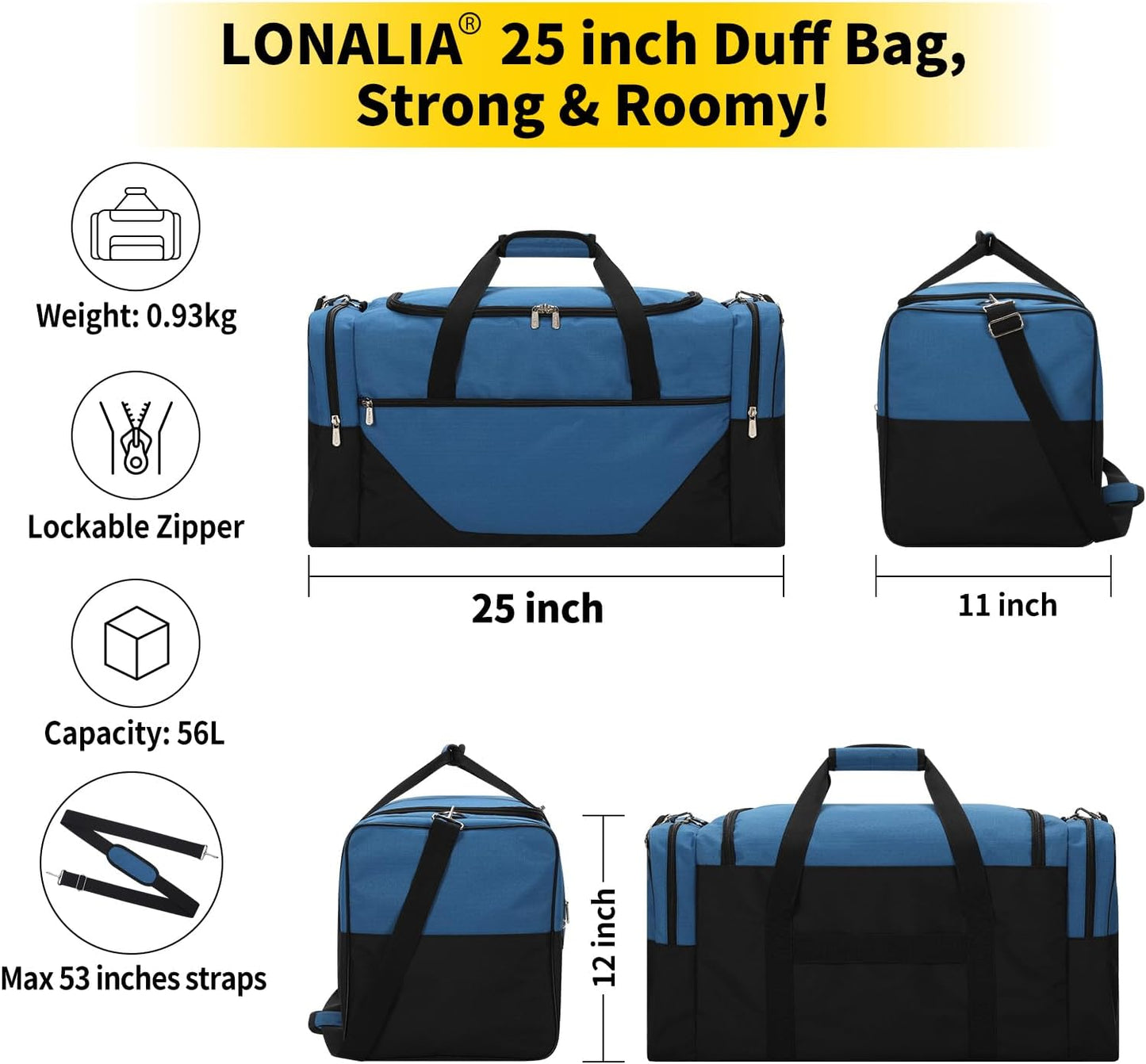 25 in Large Travel Duffel Bag for Men - 56L Roomy Weekender Bag for Gym with Trolley Sleeve (Blue)