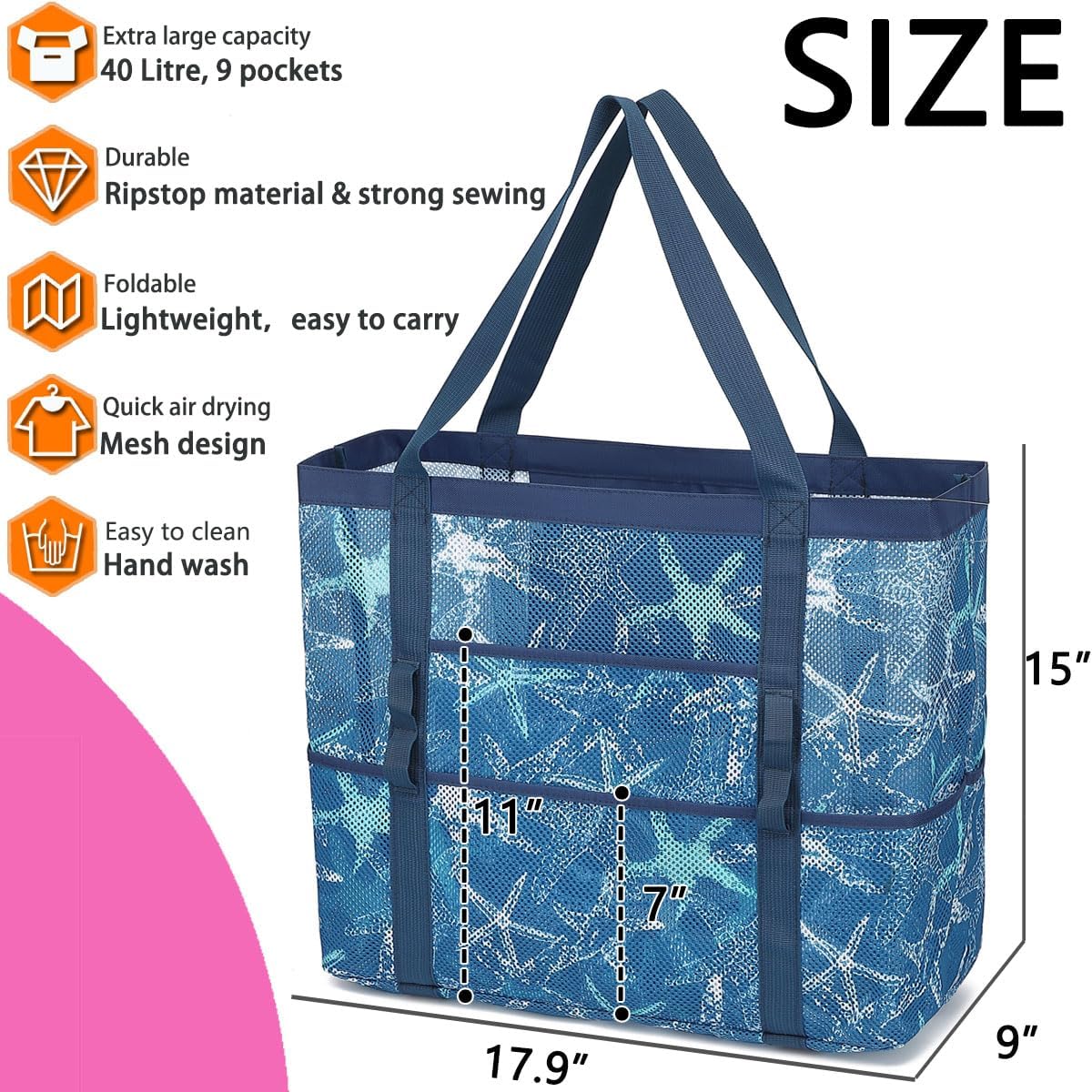 Mesh Beach Bag, Large Beach Tote with Zipper Pocket for Family Pool Bag for Toys & Vacation Essentials