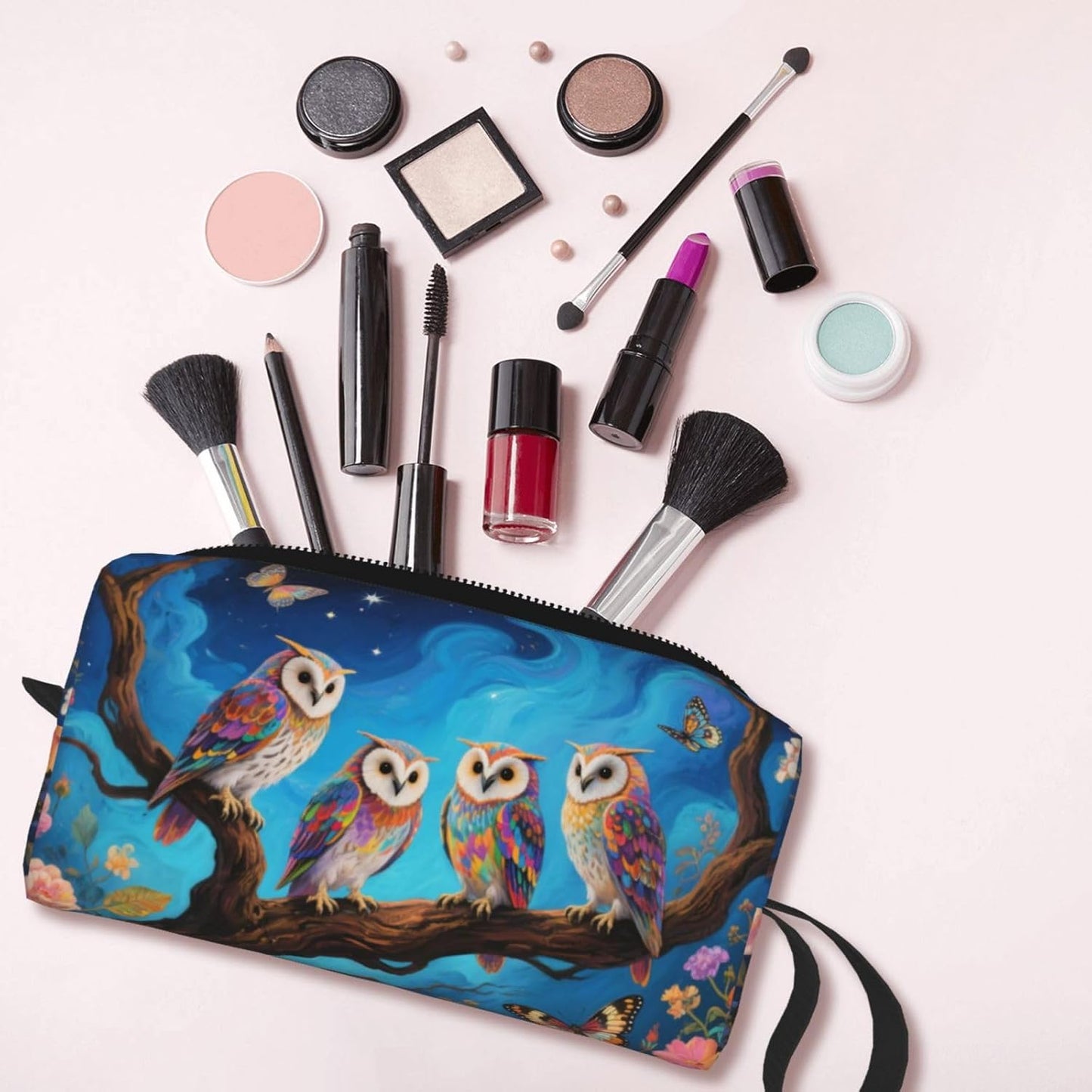 Whimsical Starry Night Owl Makeup Bag Small Compact & Durable Travel Cosmetic Bag Organizer Oxford