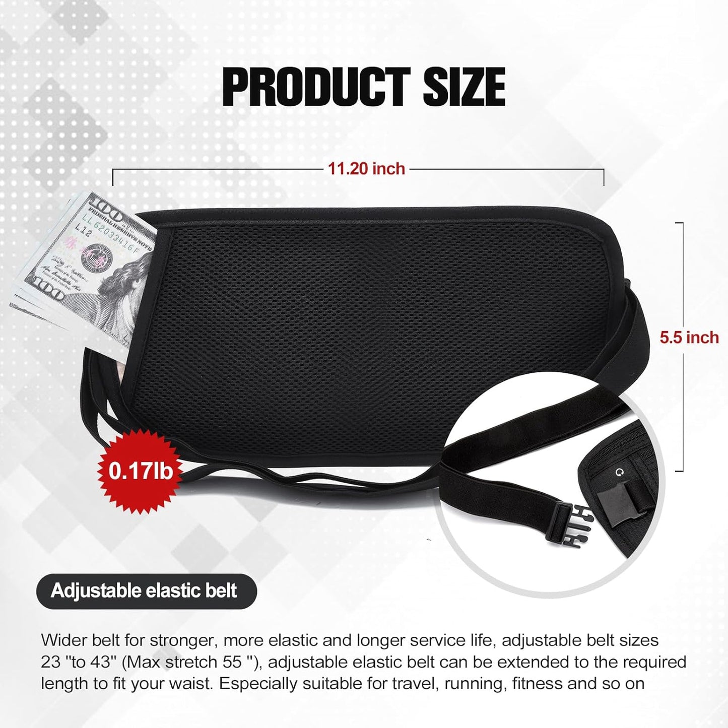 Unisex Money Belt For Men and Women, Slim Passport Holder RFID Blocking Travel Essentials Pouch with Adjustable Strap Small Waist Pouch for Workout Running Travelling Hiking, Black & Beige