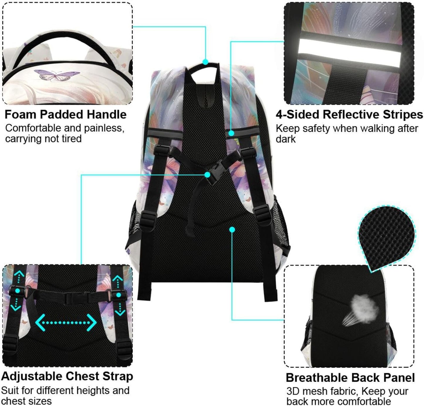 White Horse Butterfly Backpack for Girls Boys Elementary School Bag Kids Bookbag Travel Rucksack