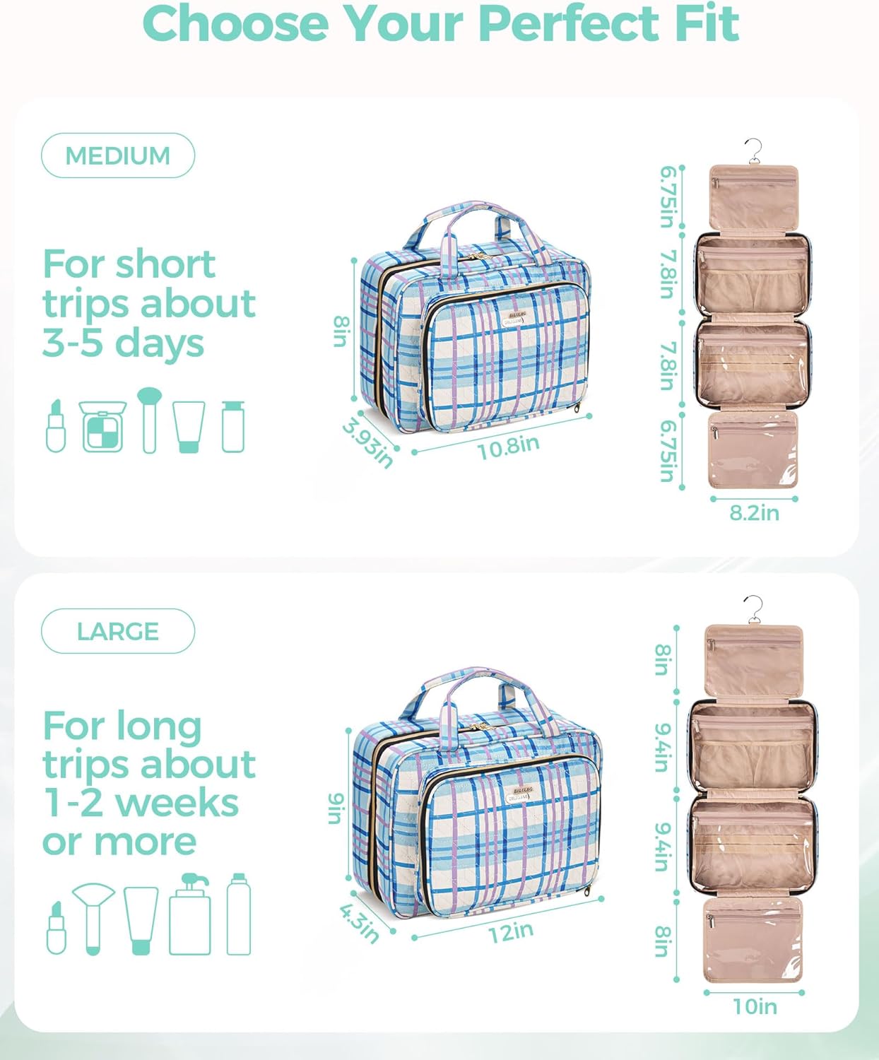 Travel Hanging Toiletry Bag for Women,Makeup Bag Cosmetic Organizer Waterproof with Hanging Hook Multiple Pockets for Women Travel Essentials Plaid Blue