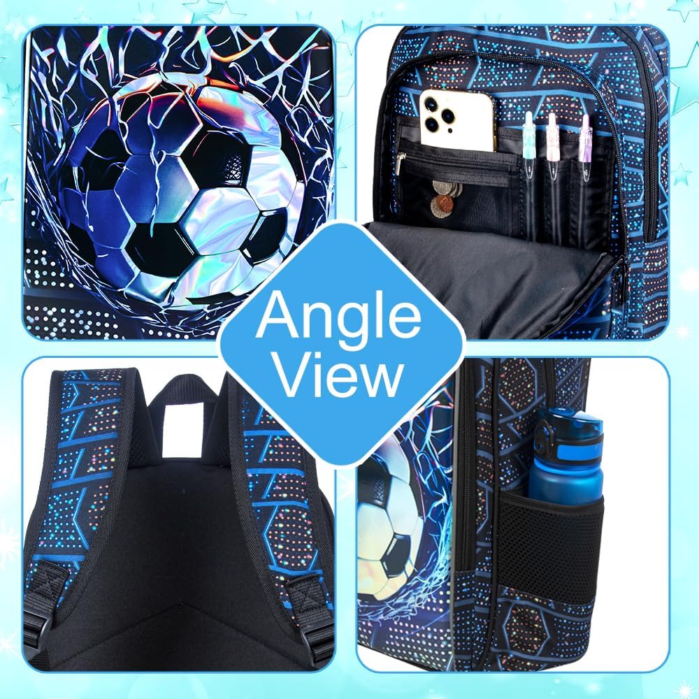 3PCS Kids Backpack for Boys, Water Resistant Soccer Bookbag Set with Lunch Box, Cute School Bag for Preschool Toddler