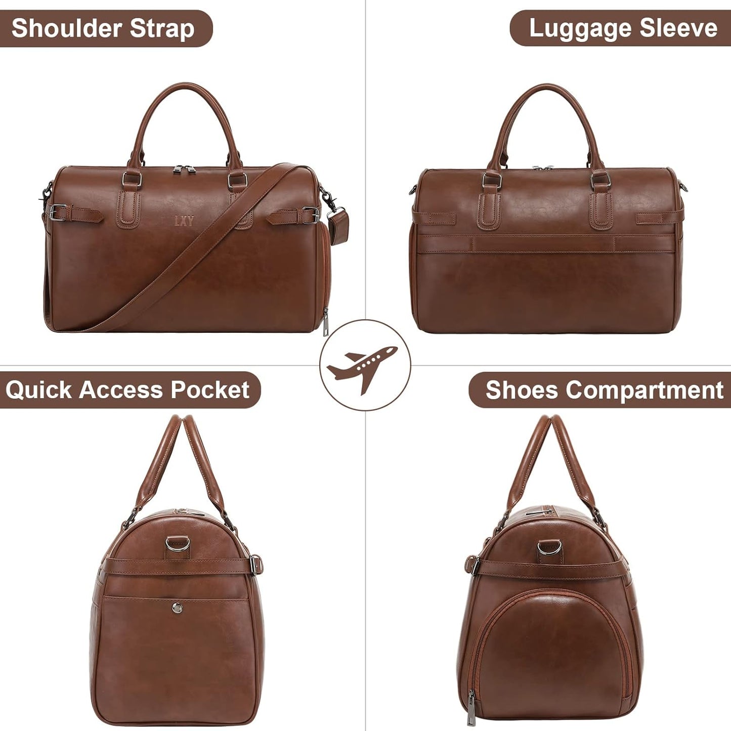 Vegan Leather Duffle Bag, LXY Travel Duffle Weekender Bag with Shoe Compartment, Duffel Overnight Gym Bags for Women Men Brown