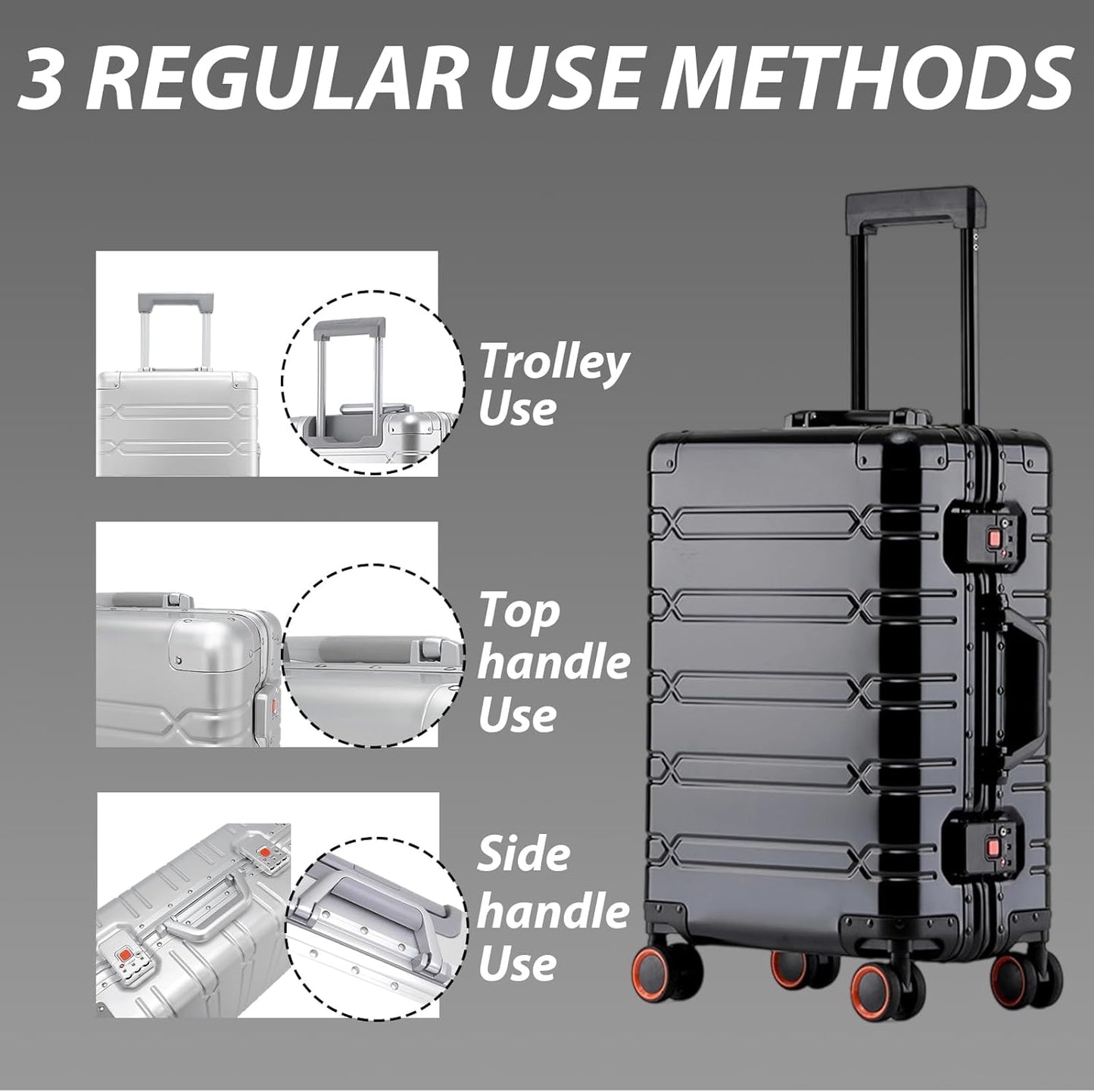 Tmore Aluminum Frame Luggage with Spinner Wheels, with TSA Locks Hard Shell Suitcase, Business 24" Black M
