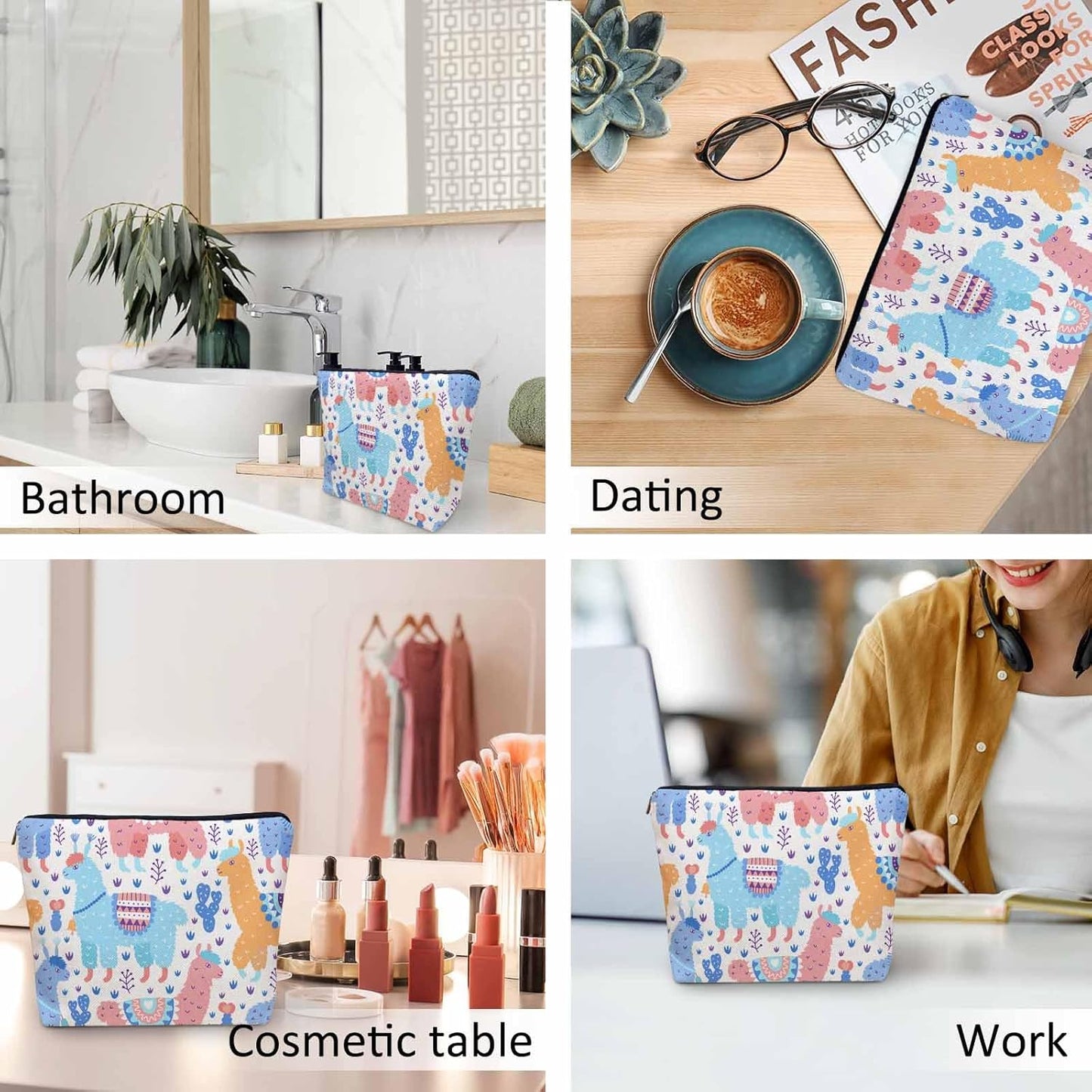 Makeup Bag For Purse Llama, Cartoon Llama Alpaca Cactus Cosmetic Bags For Women With Zipper Travel Toiletry Pouch Makeup Bags Makeup Organizers Purse For Toiletries Cosmetics