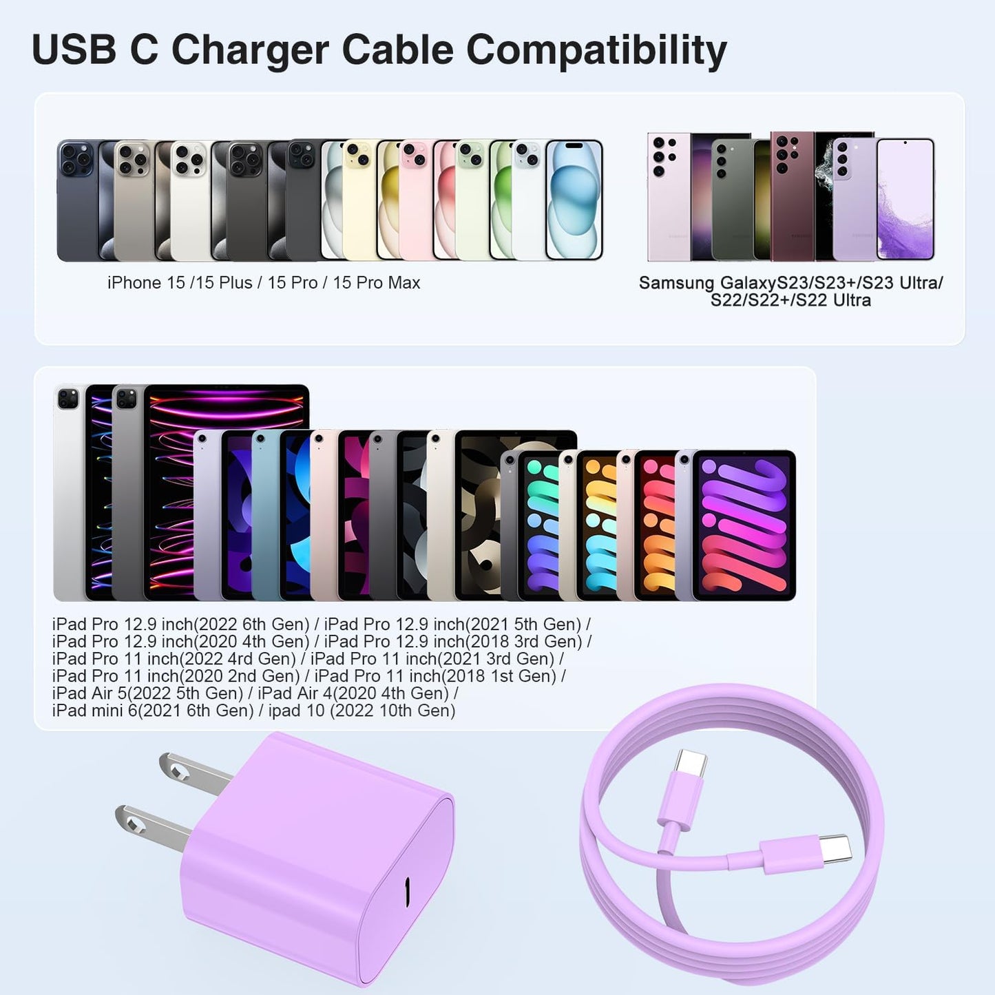 iPhone 16 15 Fast Charger 10ft, USB C Charging Block and Long Type C to C Cable Cord,Wall Plug Power Adapter Cube Brick for Apple 16 Pro Max/16 Pro/15 Plus/15 Pro Max/iPad 12.9/11 inch/Air/Mini-Purple