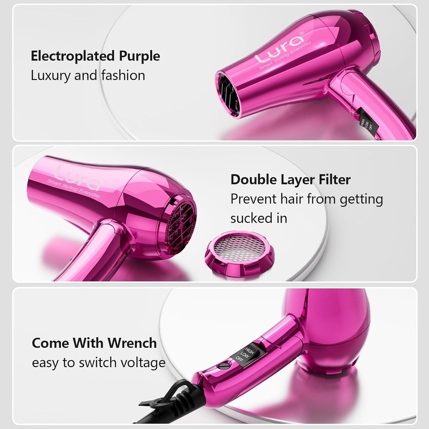 LURA Mini Portable Travel Hair Dryer:Dual Voltage Small Lightweight Blow Dryer with EU Plug,1200W Compact Hairdryer with Folding Handle,with Concentrator&Diffuser Attachment,for Women and Men(Purple)