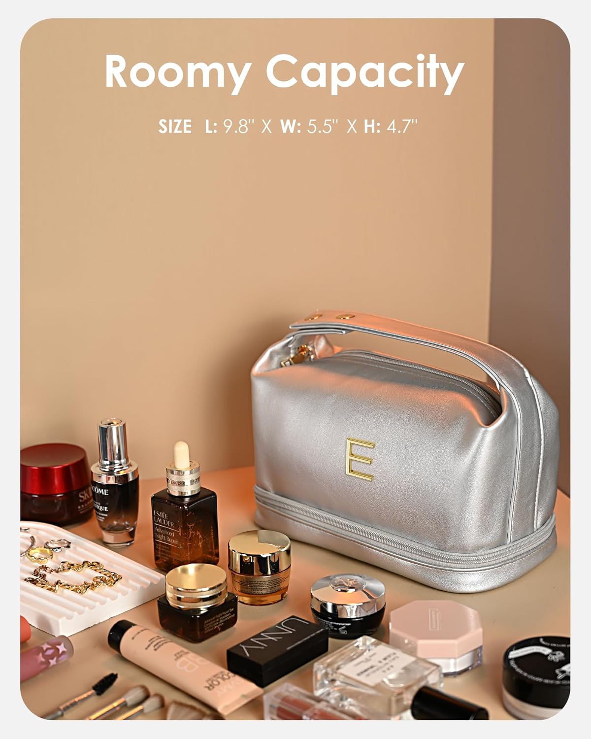 Makeup Bag For Teens 16-18, Personalized Makeup Bag with Handle, Initial Double Layer Cosmetic Bag with Makeup Brush Organizer, Cute Cosmetic Pouch for Women, Gifts for Friends Female Mom