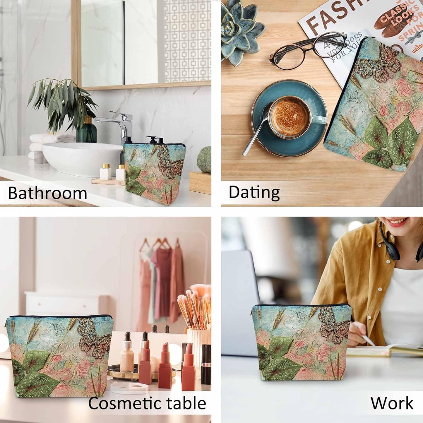 Women Cosmetic Bag Butterfly, Pond Green Leaves Floral Butterflies Cute Makeup Bag For Purse Cosmetic Travel Bag For Toiletries Makeup Storage Bag Flax Skincare Bag Make Up Pouch Bags