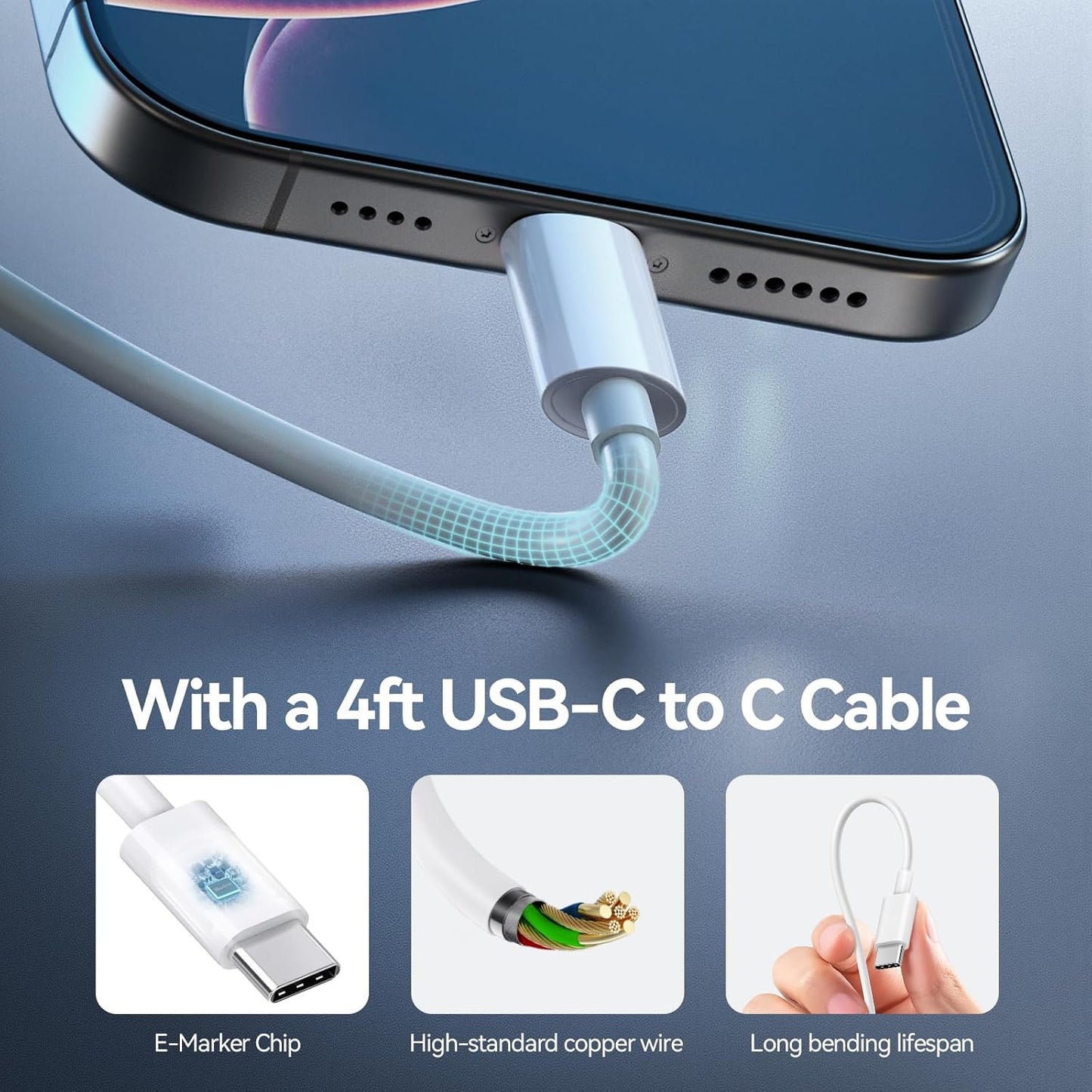 Bwine 65W Phone Charger, GaN Charging Blocks, Compatible with Drone, iPhone 17/Pro,Galaxy S24,Note 20/10+, iPad and More(1x Adapter 1x Cable)